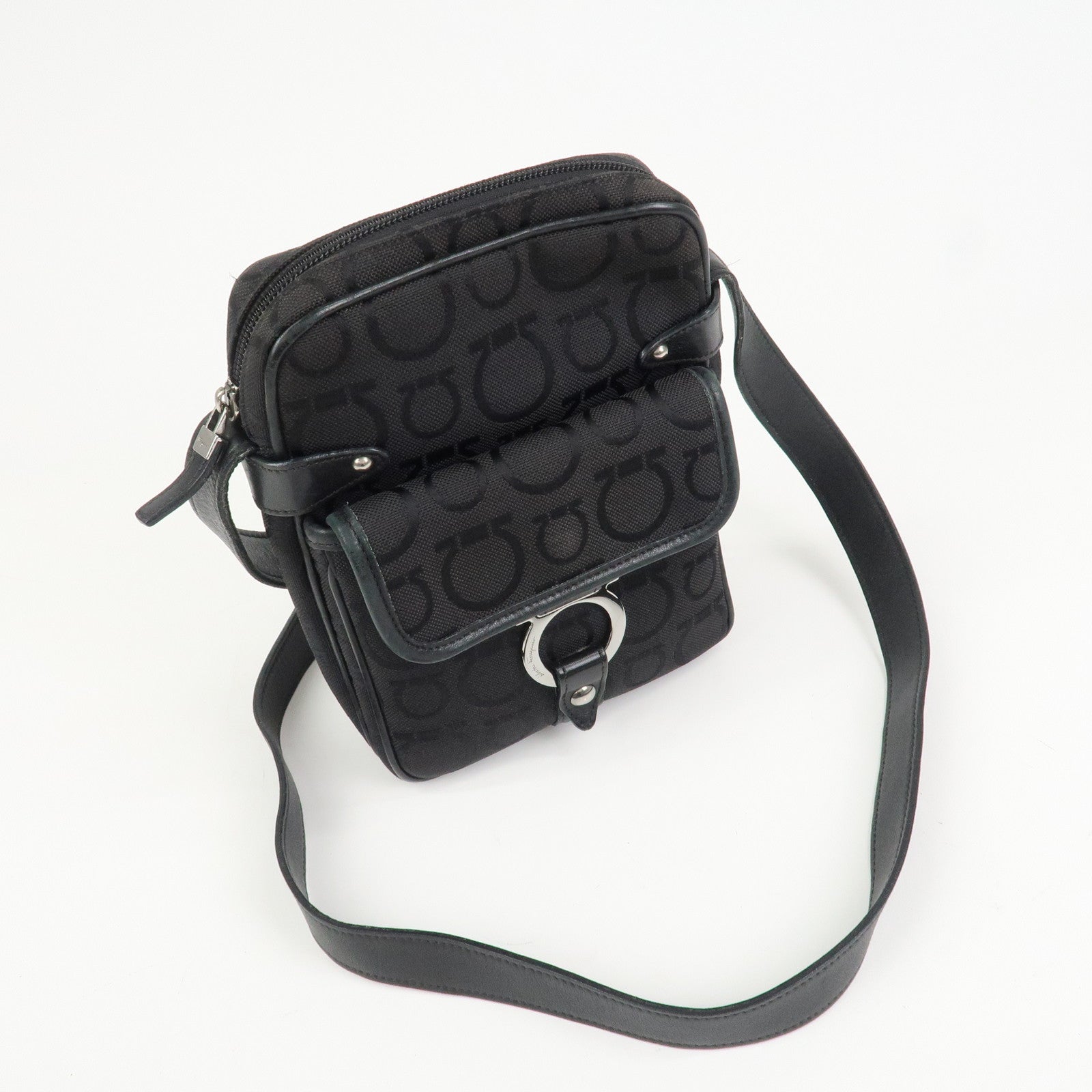 Ferragamo Gancini Logo Canvas Leather Crossbody Shoulder Bag Black