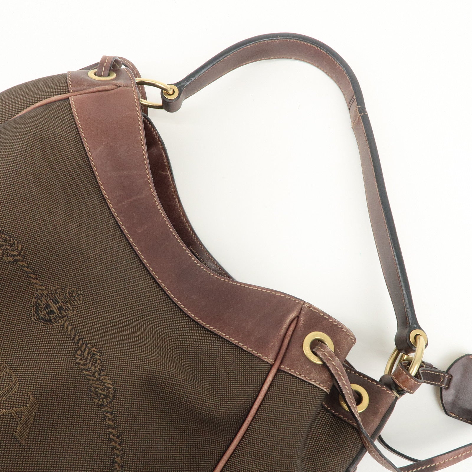PRADA Triangle Logo Canvas Leather Shoulder Bag Hand Bag Brown