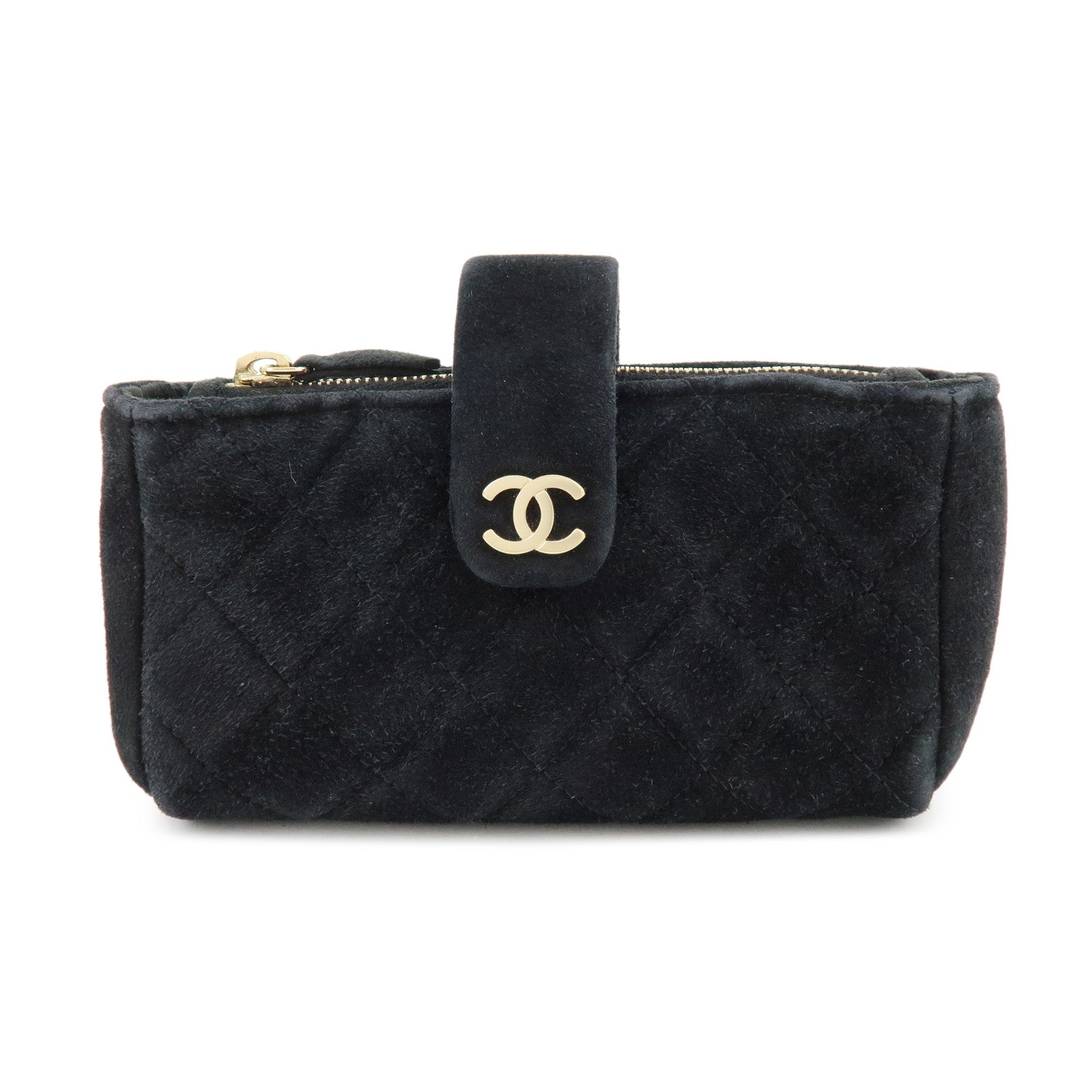 CHANEL Matelasse COCO Mark Suede Cosmetic Makeup Pouch Black