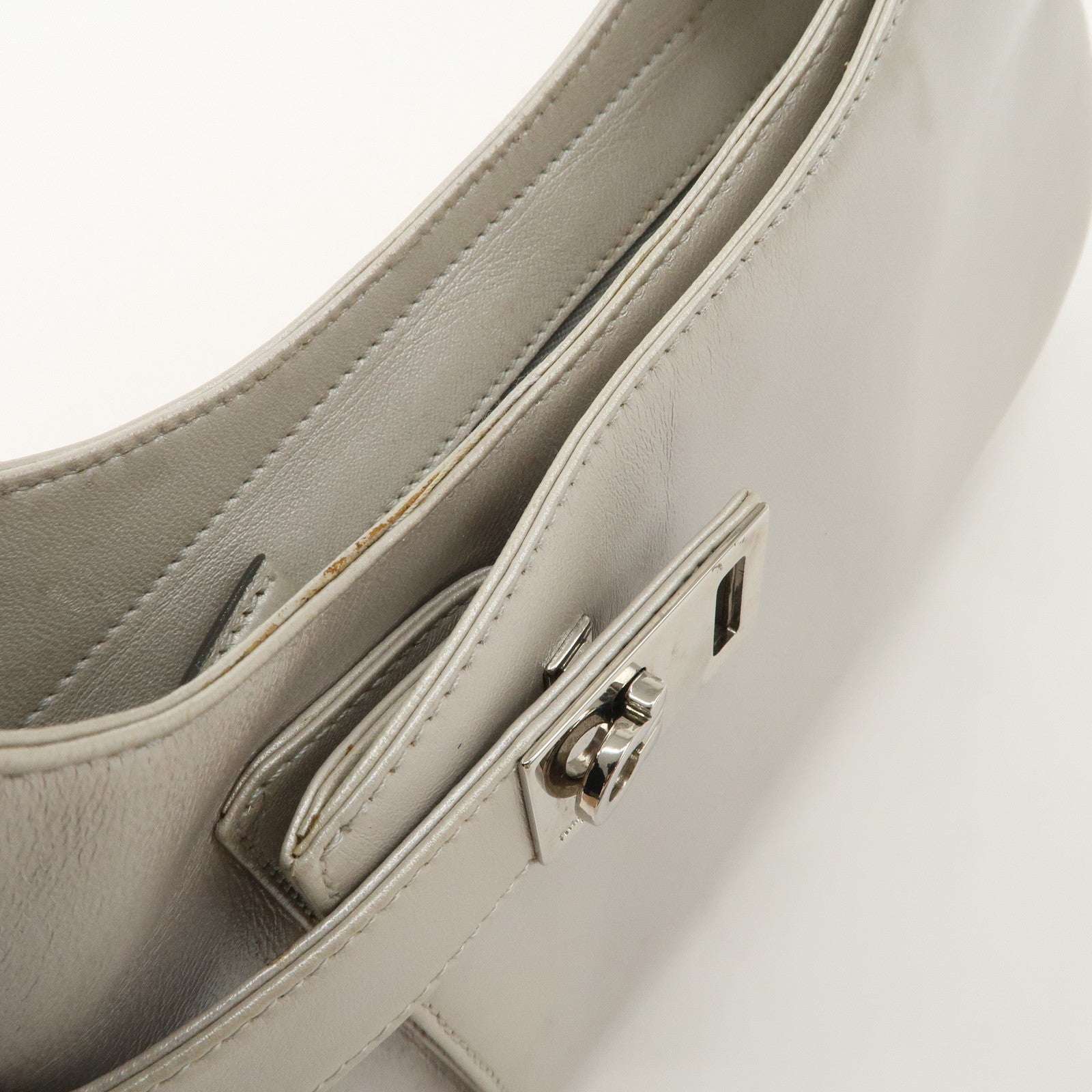 Ferragamo Gancini Leather Shoulder Bag Hand Bag Silver Used