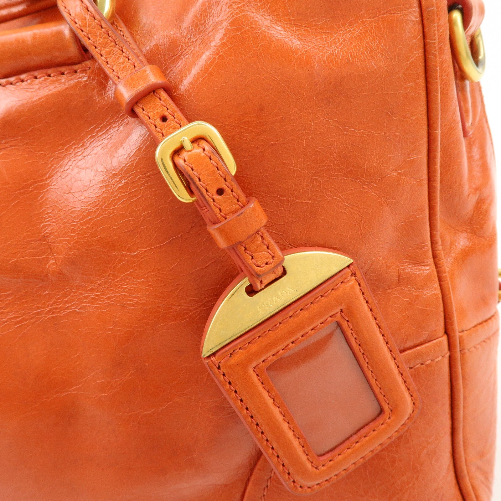 PRADA Logo Leather Boston Bag Hand Bag Shoulder Bag Orange BL0821