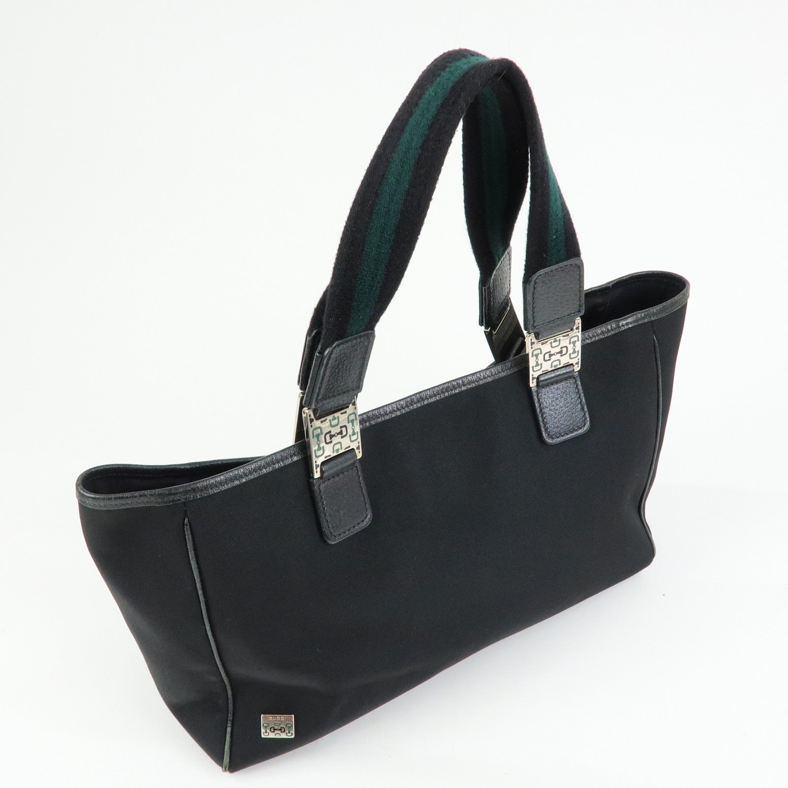 GUCCI Sherry Nylon Leather Tote Bag Hand Bag Black 145758