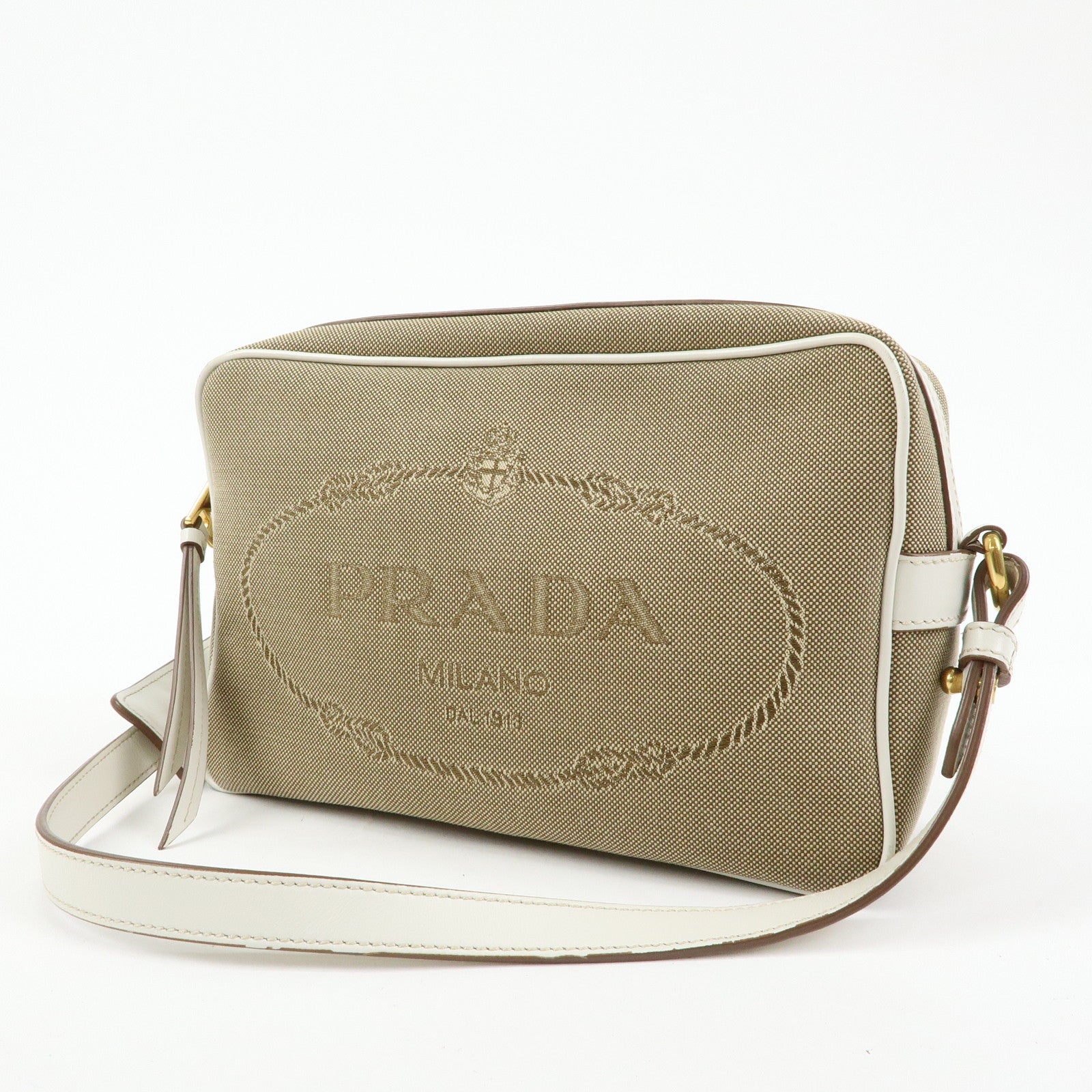 PRADA Logo Jacquard Leather Shoulder Bag Beige White 1BH089