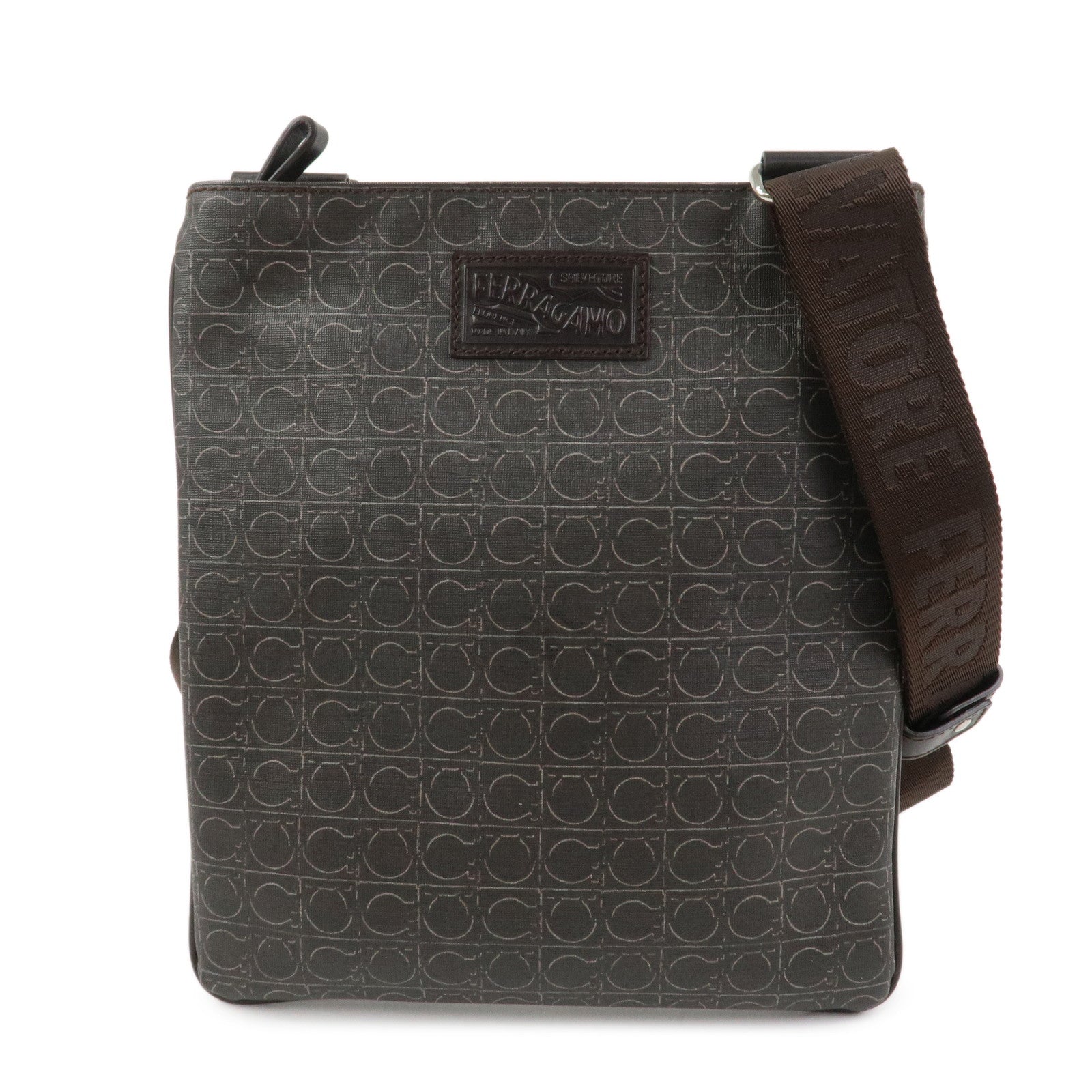 Ferragamo Gancini PVC Leather Shoulder Bag Crossbody Bag Brown