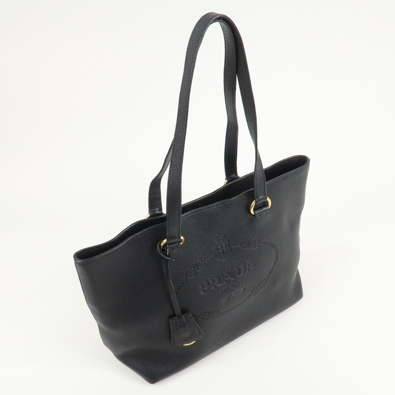 PRADA Logo Vitello Daino Leather Tote Bag Shoulder Bag Black 1BG100