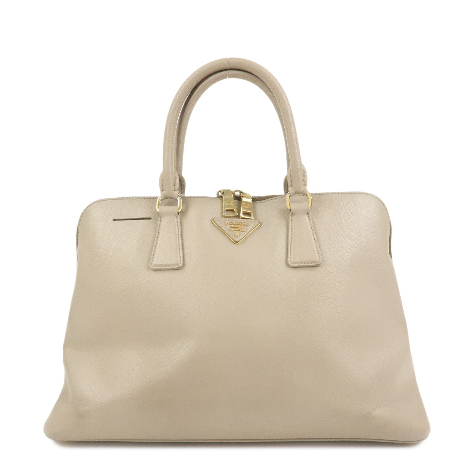 PRADA Triangle Logo Saffiano Leather Hand Bag Greige BL0812