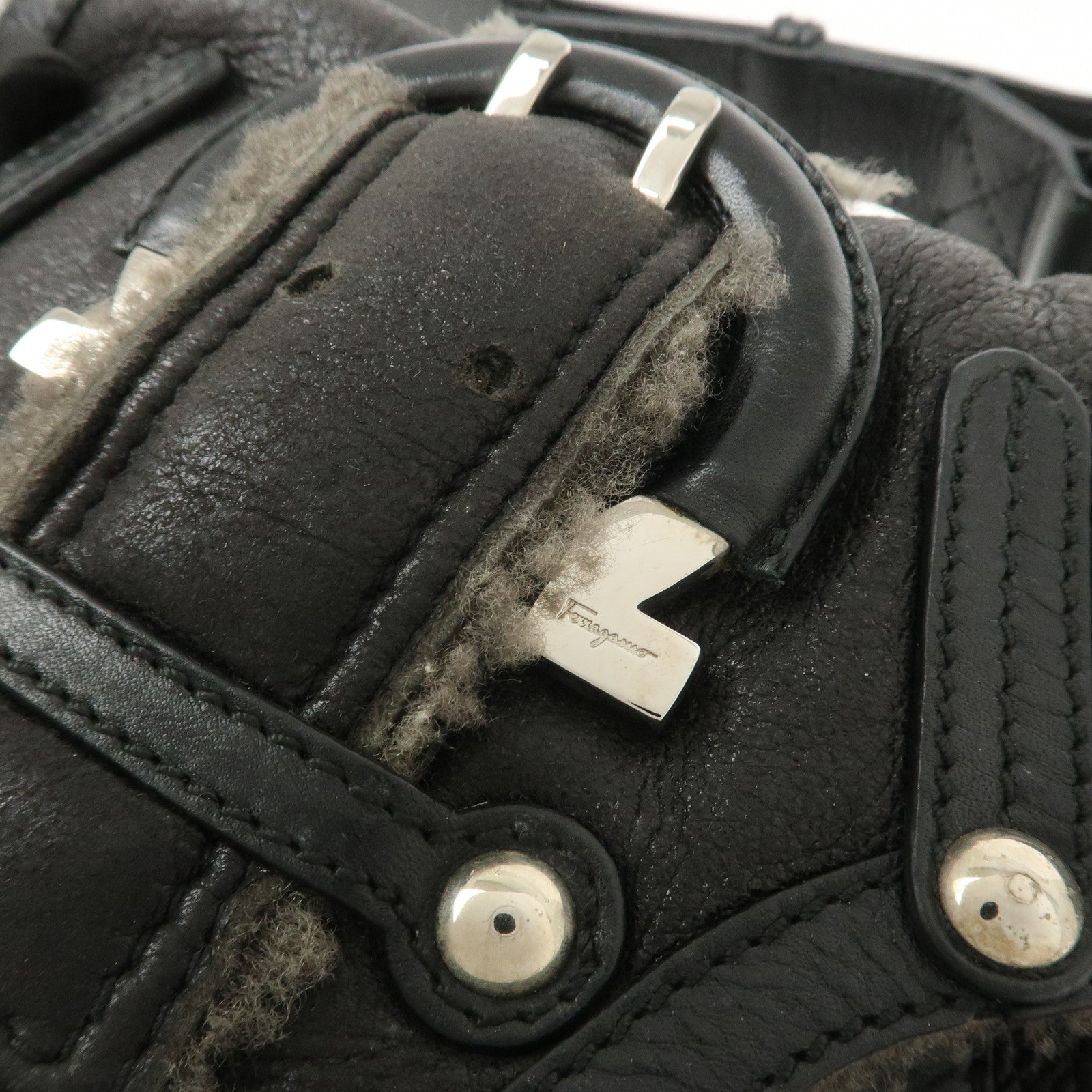 Ferragamo Gancini Mouton Leather Shoulder Bag Hand Bag Black