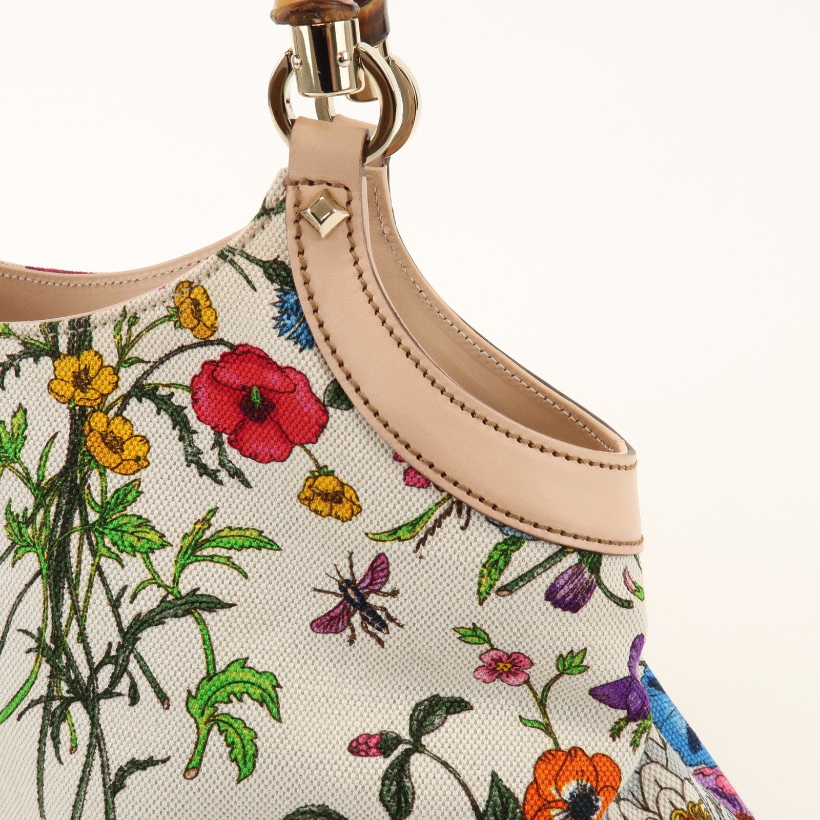 GUCCI Bamboo Flora Canvas Leather Hand Bag Multicolor Beige 137395