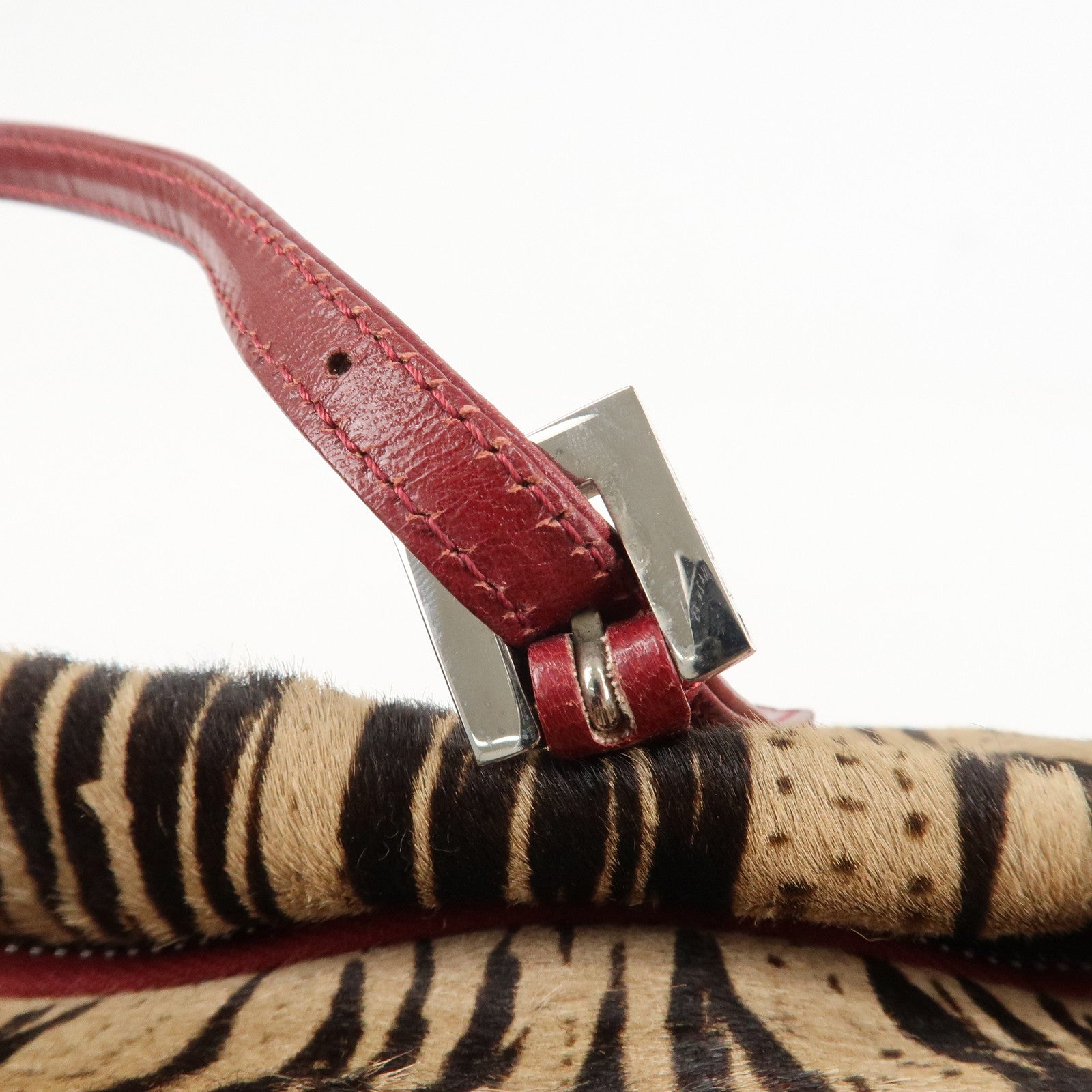 FENDI Leather Unborn Calf Tote Bag Hand Bag Zebra Brown Red Used