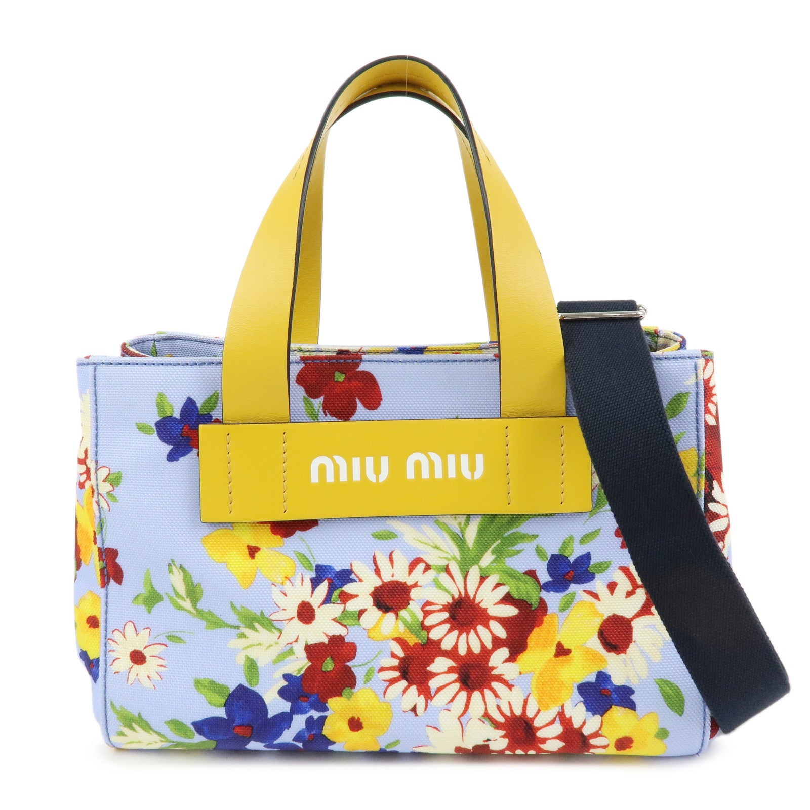 MIU MIU Canvas Leather 2Way Hand Shoulder Bag Blue Yellow 5BA085