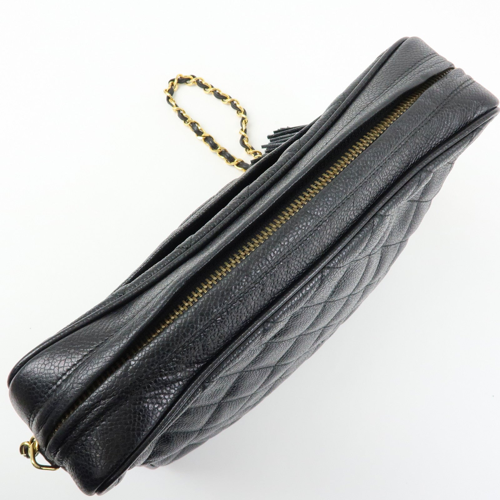 CHANEL Matelasse Cavairskin Chain Shoulder Bag Tassel Black Gold