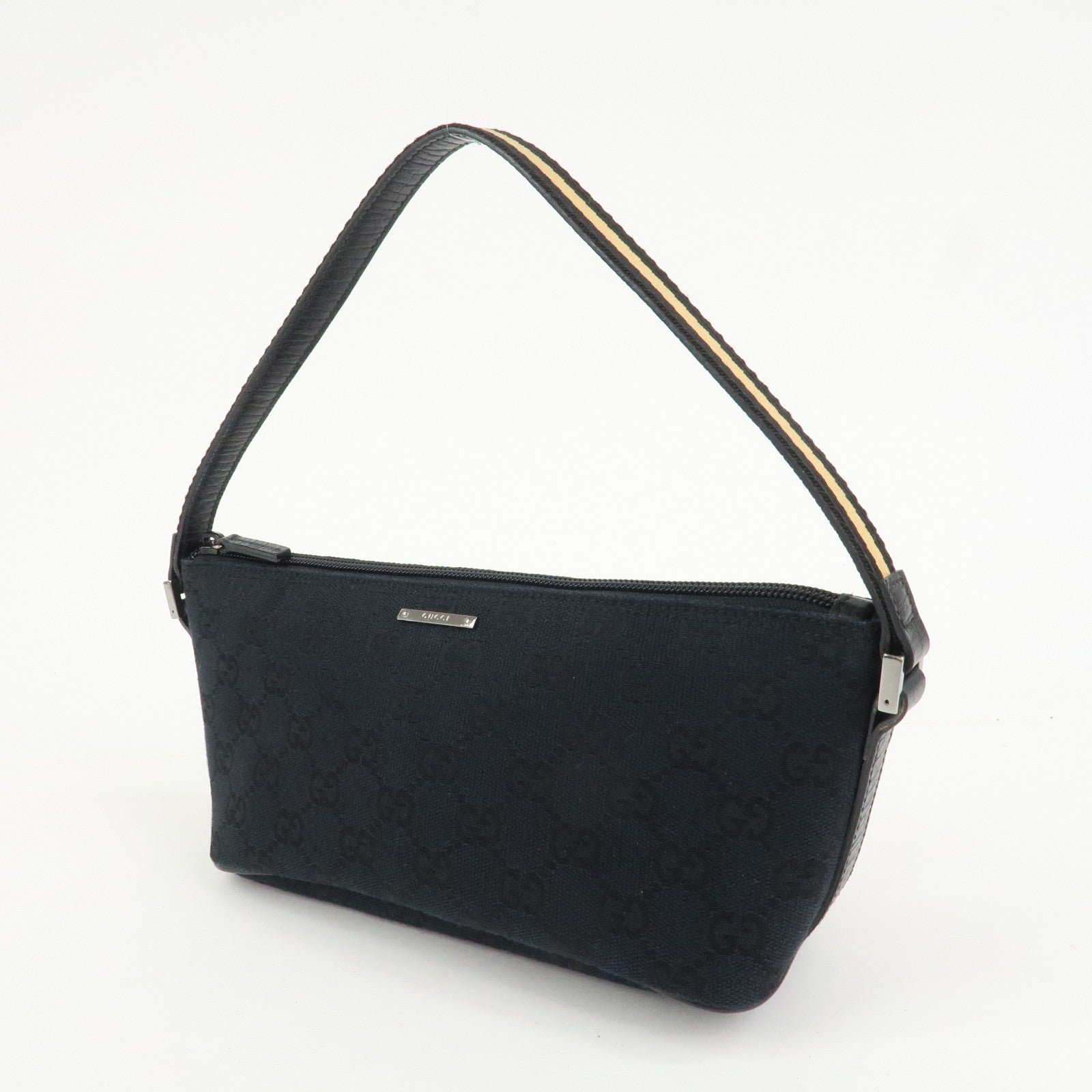 GUCCI Boat Bag Sherry GG Canvas Leather Hand Bag Black 141809