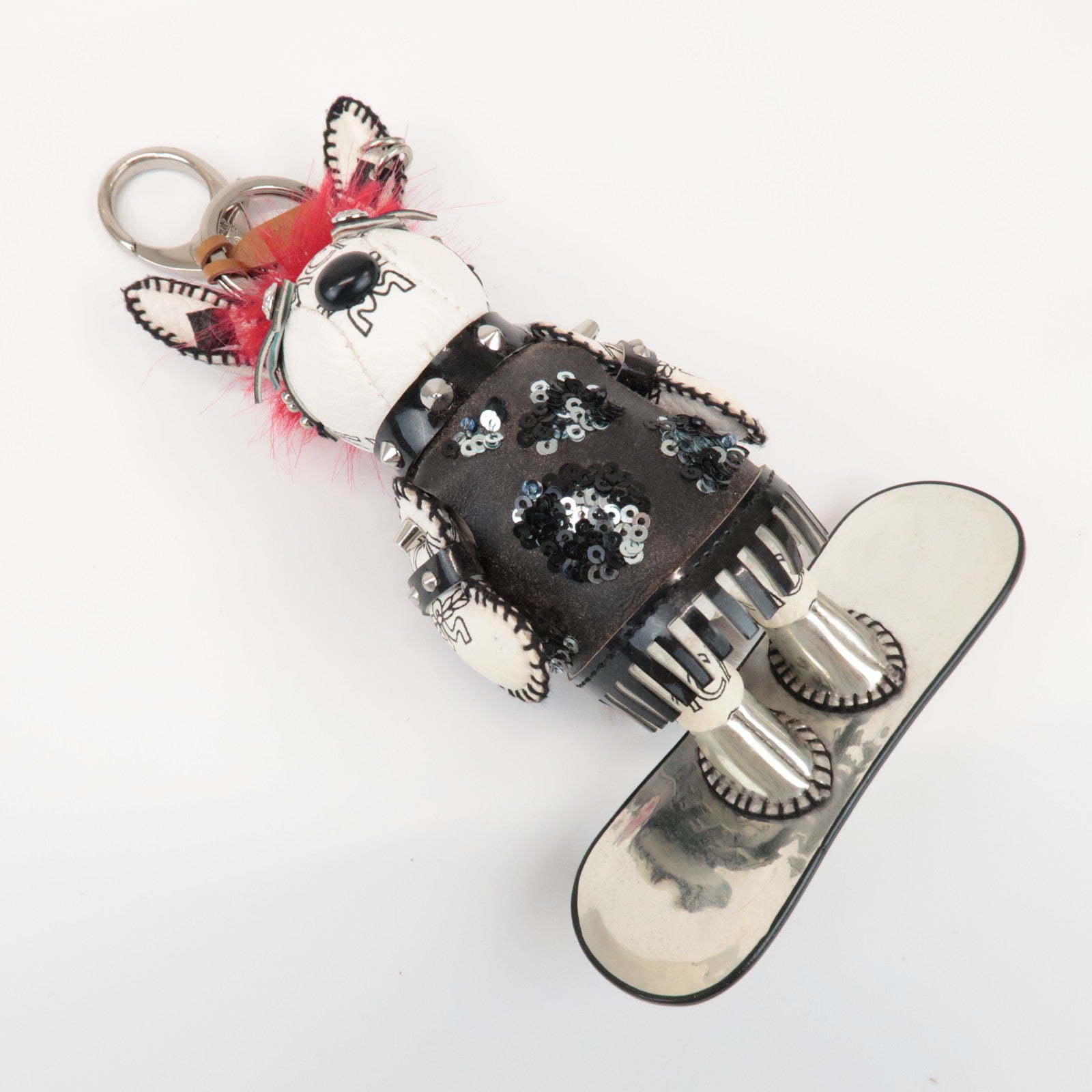MCM Rabbit Skateboard Leather Metal Key Holder Ivory Black