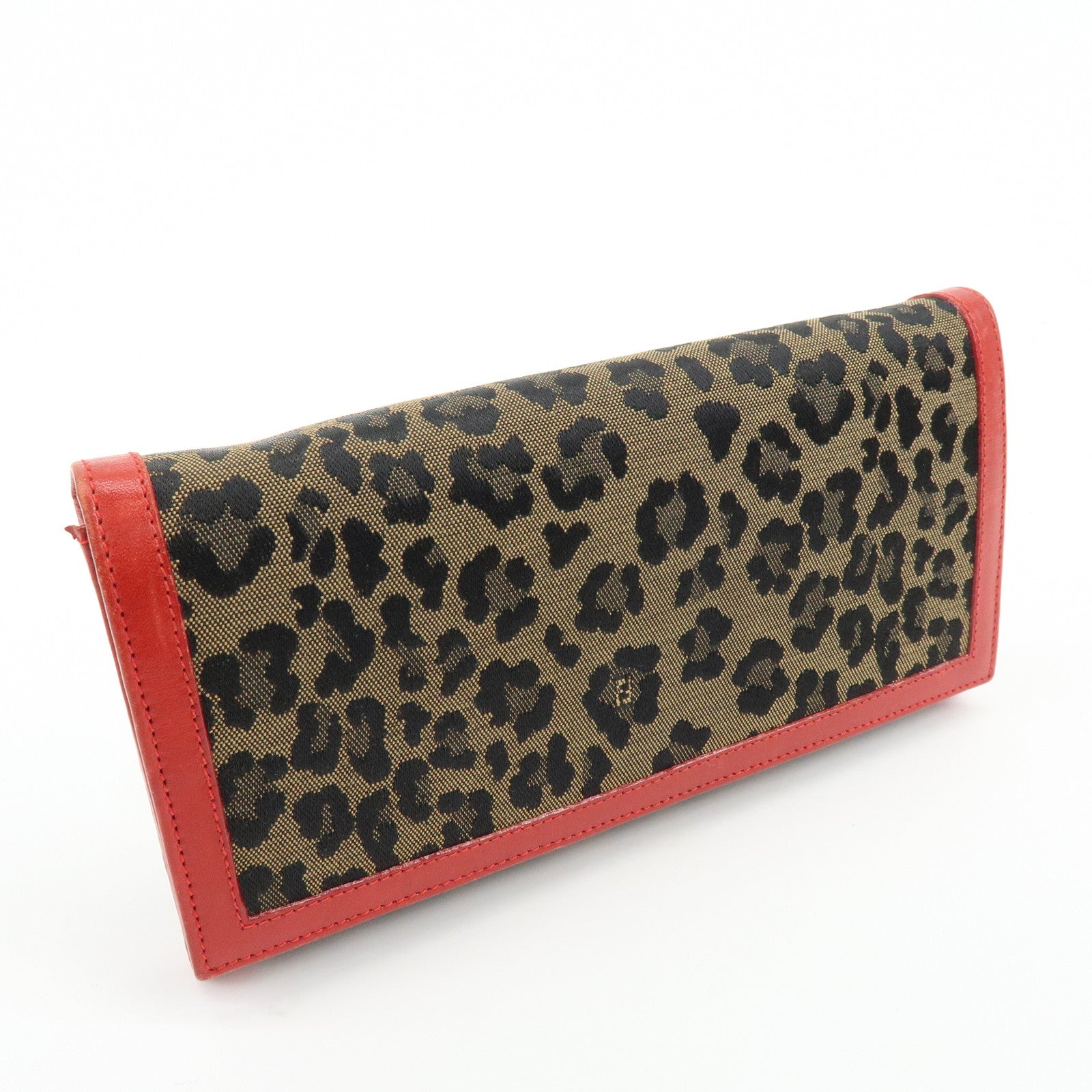 FENDI Zucca Canvas Leather Long Wallet Leopard Brown Red 30851
