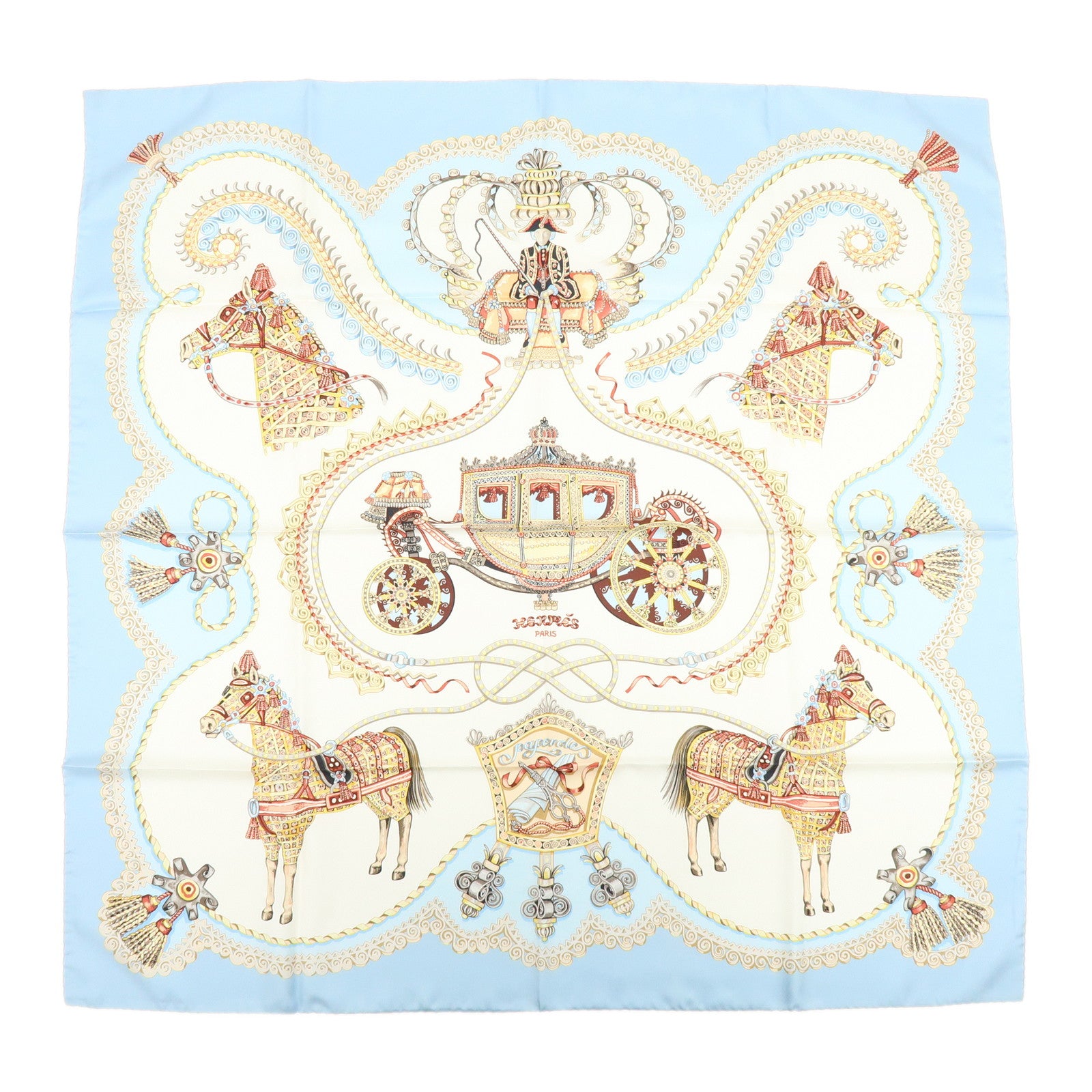 HERMES Carre 90 Silk 100% Scarf PAPEROLLES Light Blue Ivory