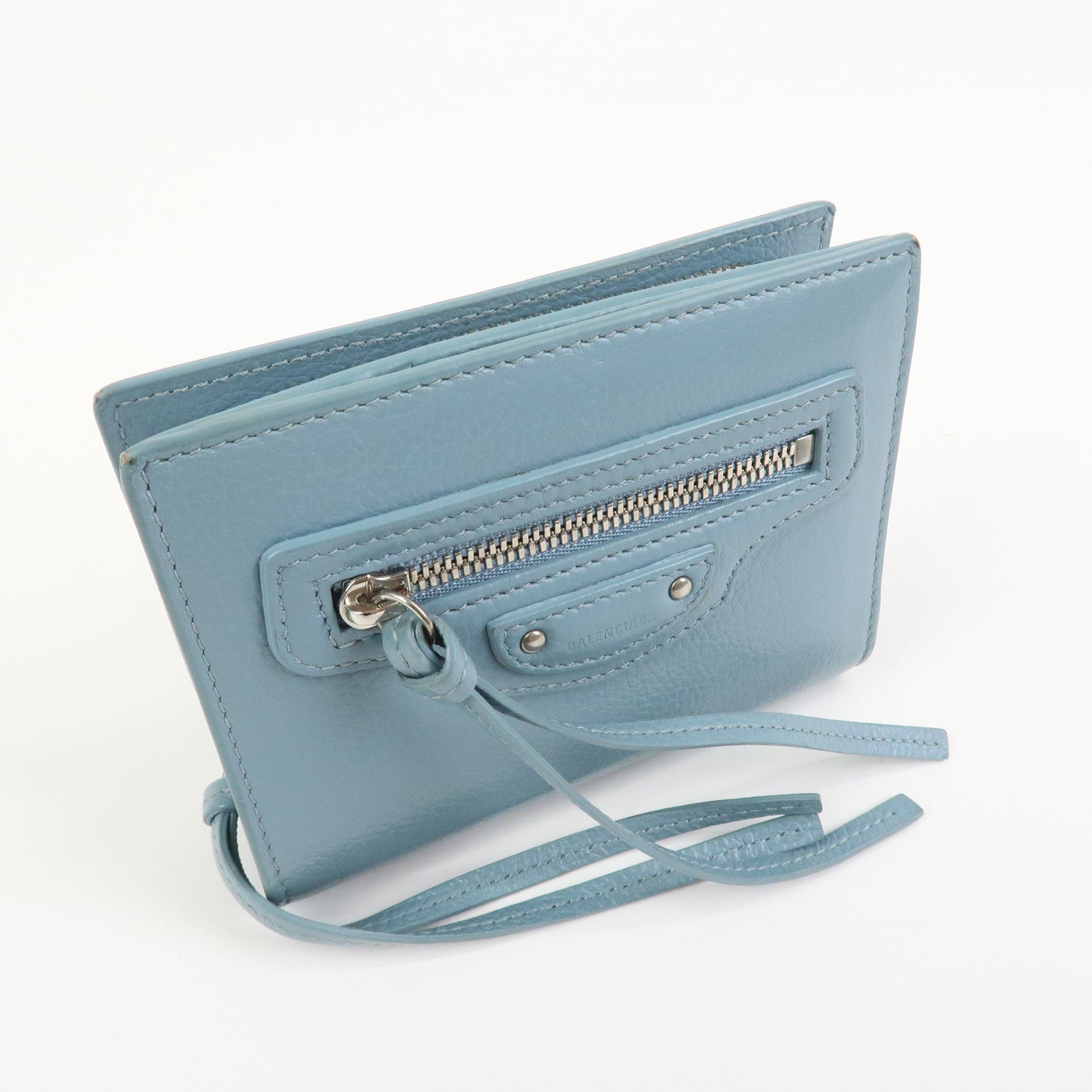 BALENCIAGA Leather Bi-Fold Compact Wallet Light Blue
