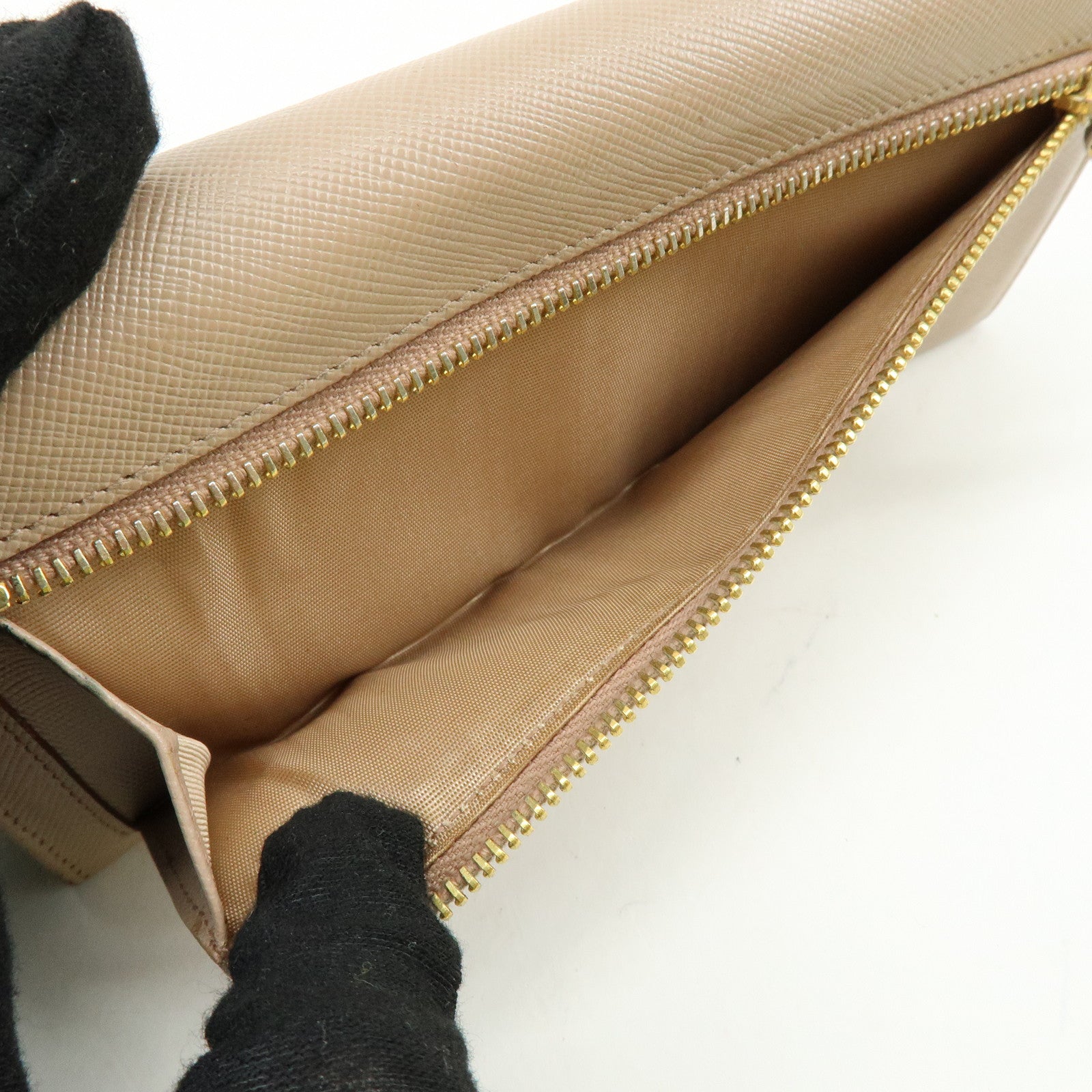 PRADA Logo Saffiano Leather Flap Bi-Fold Long Wallet Beige