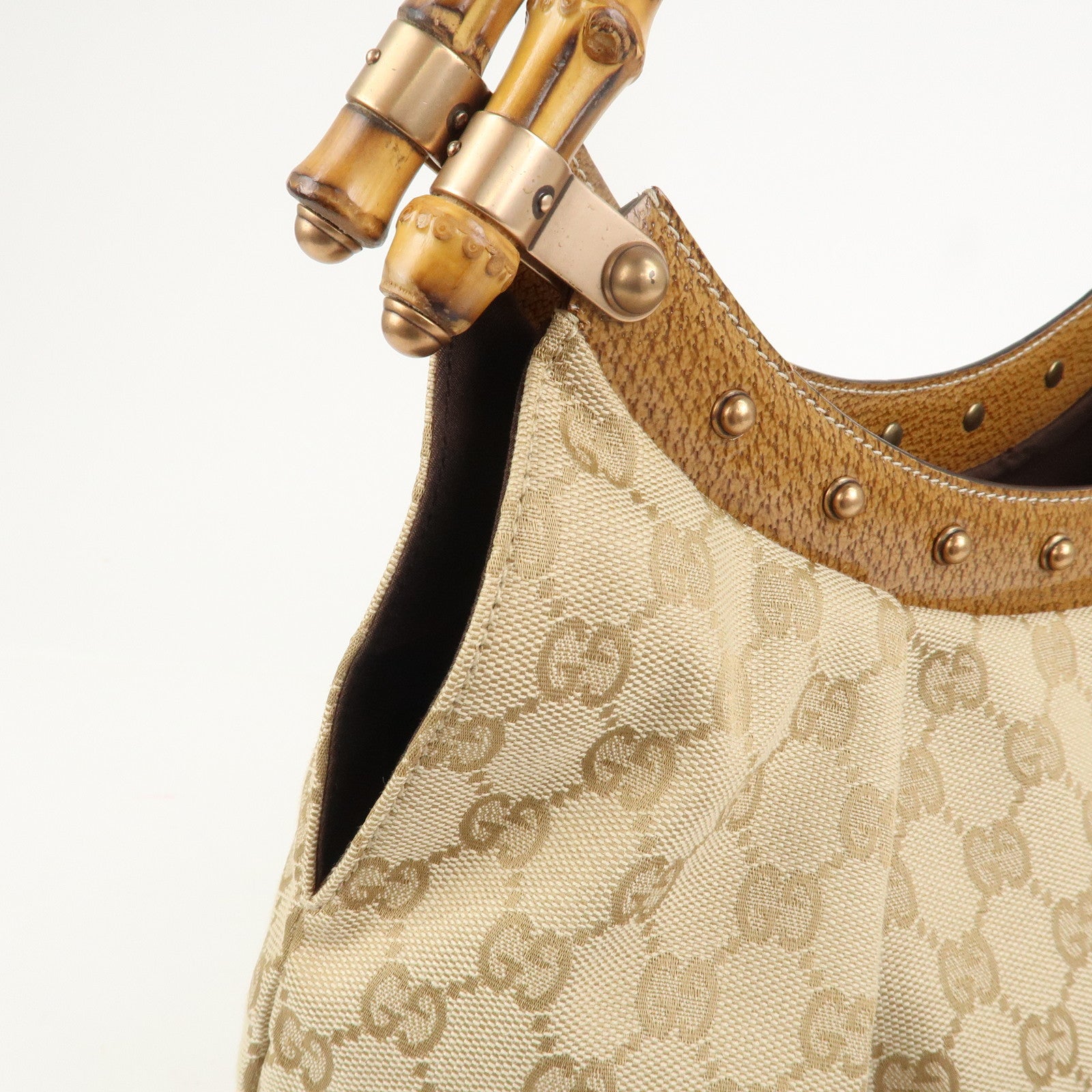 GUCCI Bamboo GG Canvas Leather Shoulder Bag Hand Bag Beige 124293