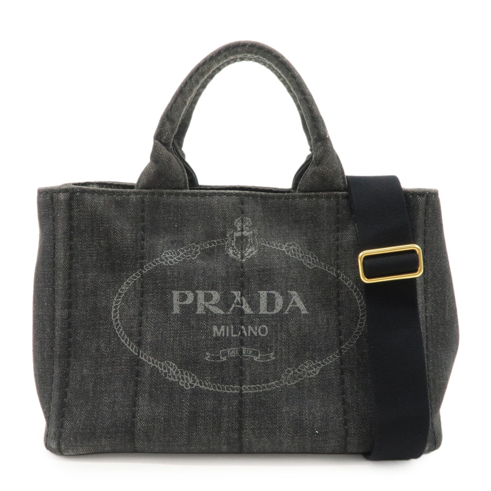 PRADA Logo Canapa Mini Denim 2Way Tote Bag Gray Gold HDW 1BG439