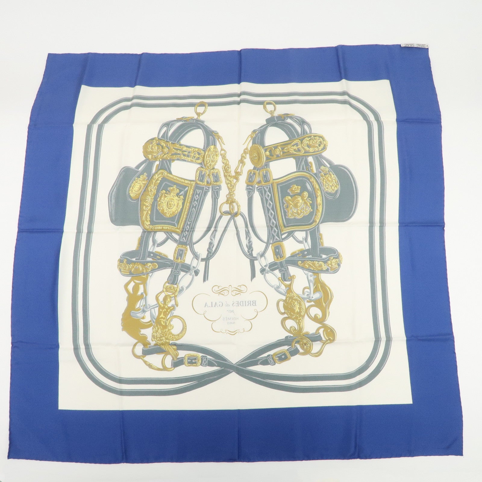 HERMES Carre 90 Silk 100% Scarf BRIDES DE GALA White Blue