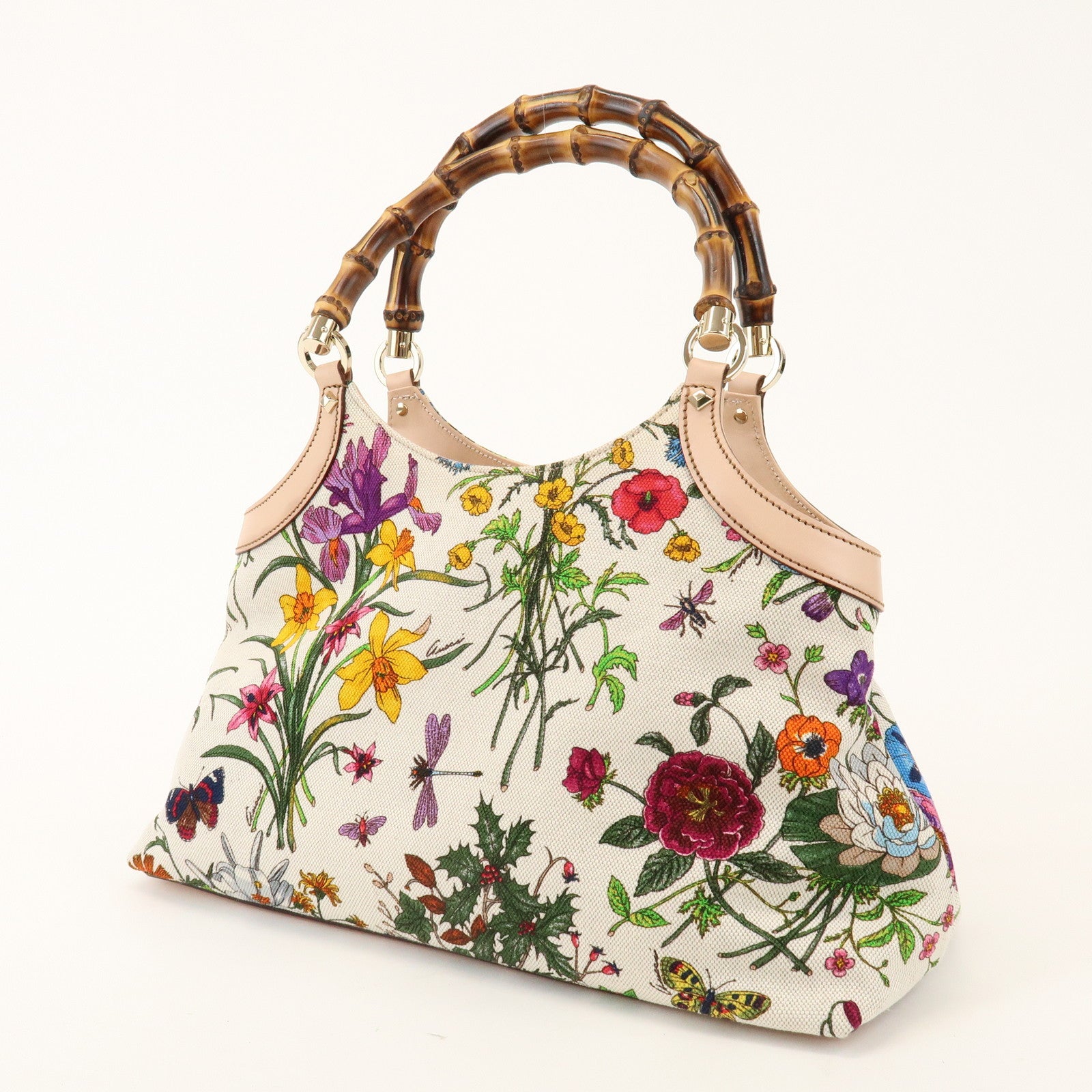 GUCCI Bamboo Flora Canvas Leather Hand Bag Multicolor Beige 137395