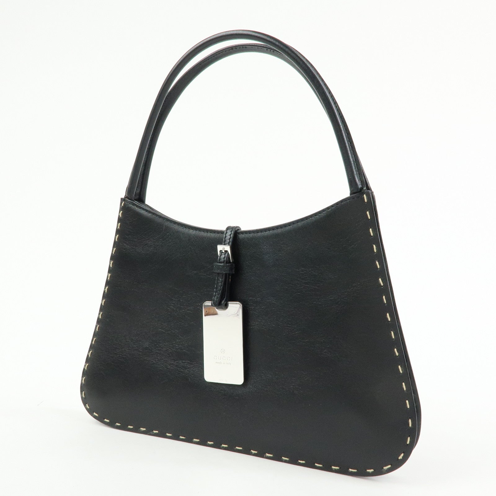 GUCCI Logo Plate Leather Hand Shoulder Bag Black 001・4279・204990