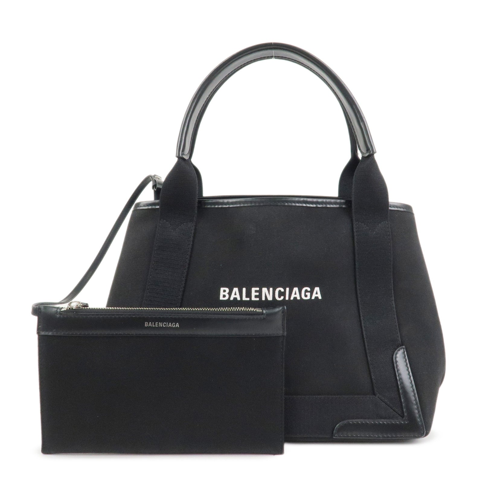 BALENCIAGA Navy Cabas Canvas Leather Small Tote Bag Hand Bag 339933