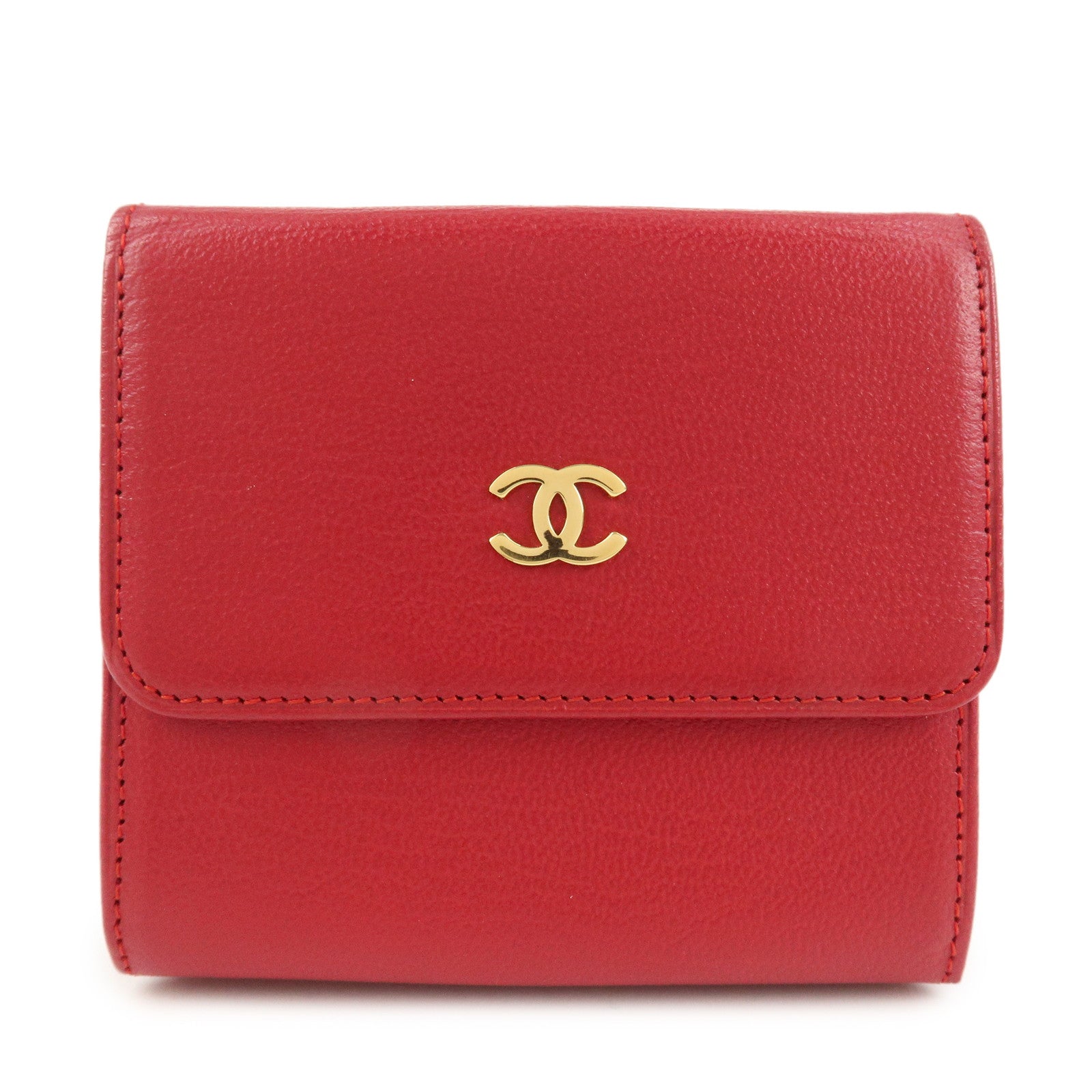 CHANEL COCO Mark Leather Tri-Fold Compact Wallet Red A13456