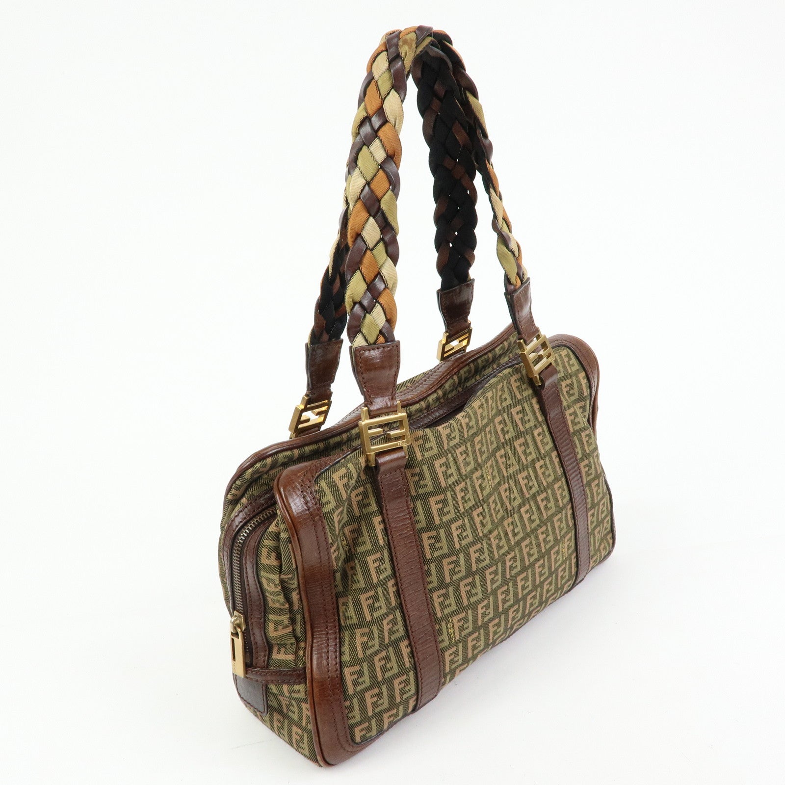 FENDI Zucchino Canvas Leather Mini Boston Bag Shoulder Bag 8BL075