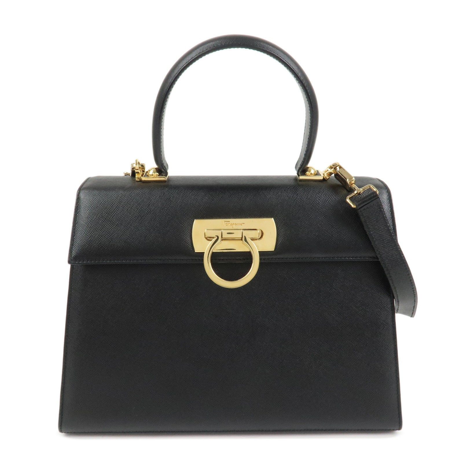 Ferragamo Gancini Leather 2Way Bag Shoulder Bag Hand Bag Black