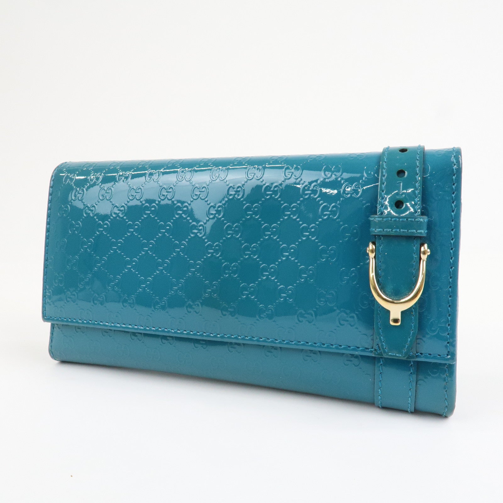 GUCCI  Patent Leather Flap Long Wallet Blue Green 309760