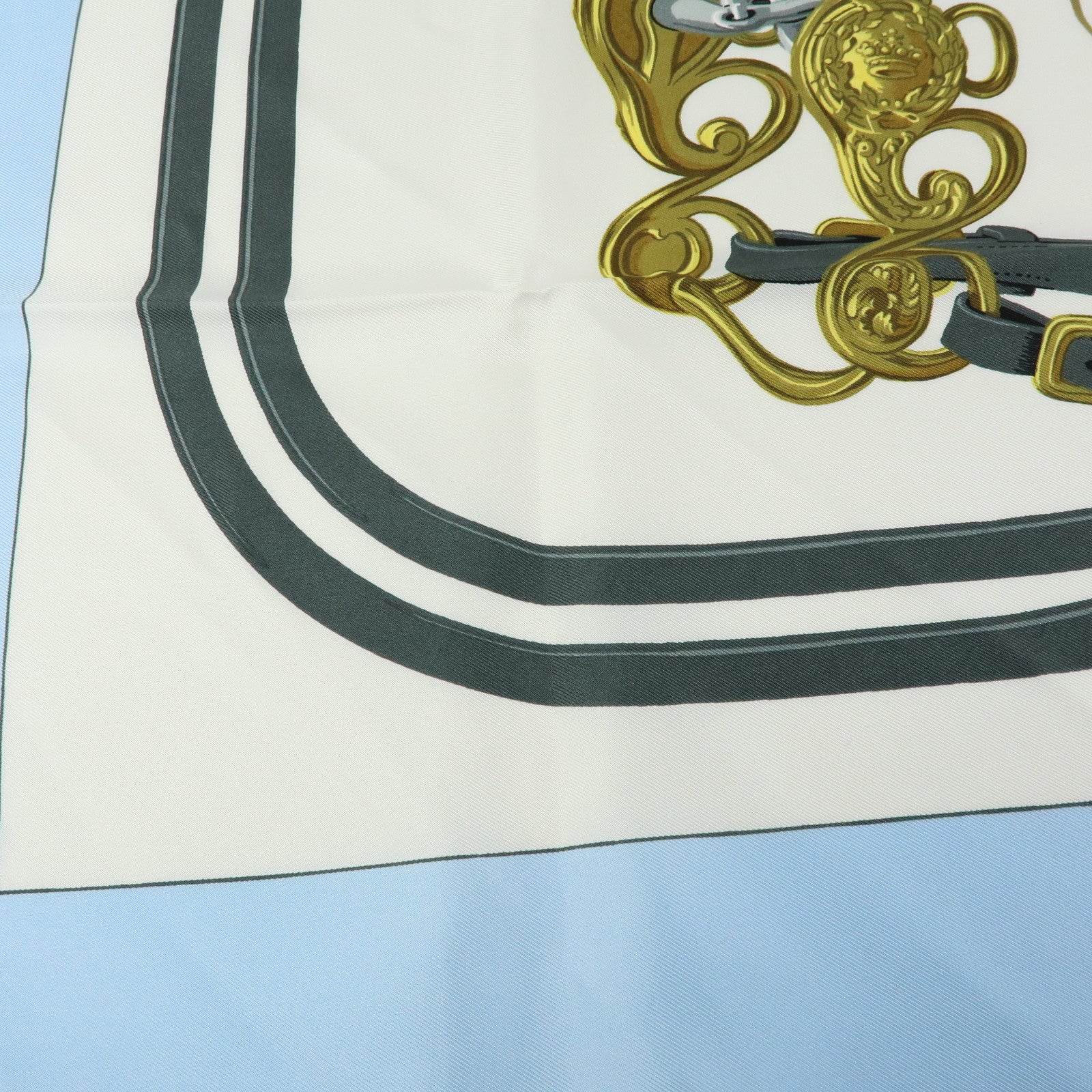 HERMES Carre 90 Silk 100% Scarf Brides de Gala Gray Light Blue Gold