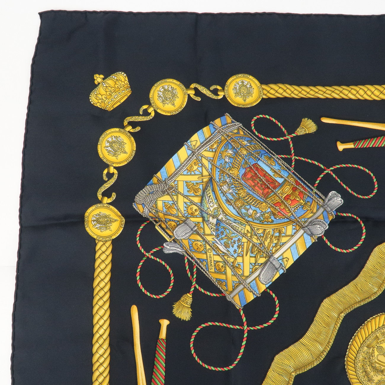 HERMES Carre 90 Silk 100% Scarf LES TAMBOURS Black Multicolor Used