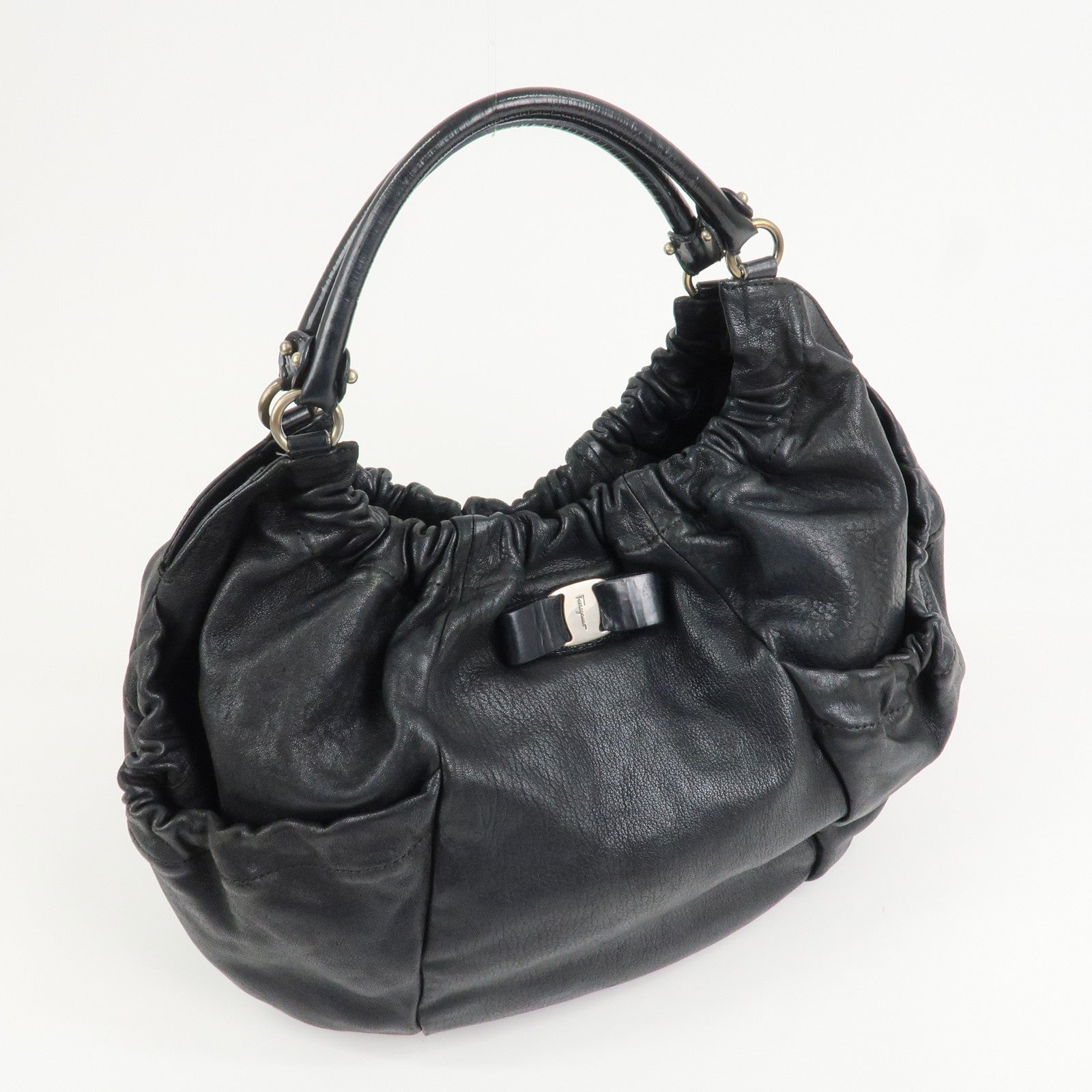 Ferragamo Leather  Patent Leather Shoulder Bag Hand Bag Black