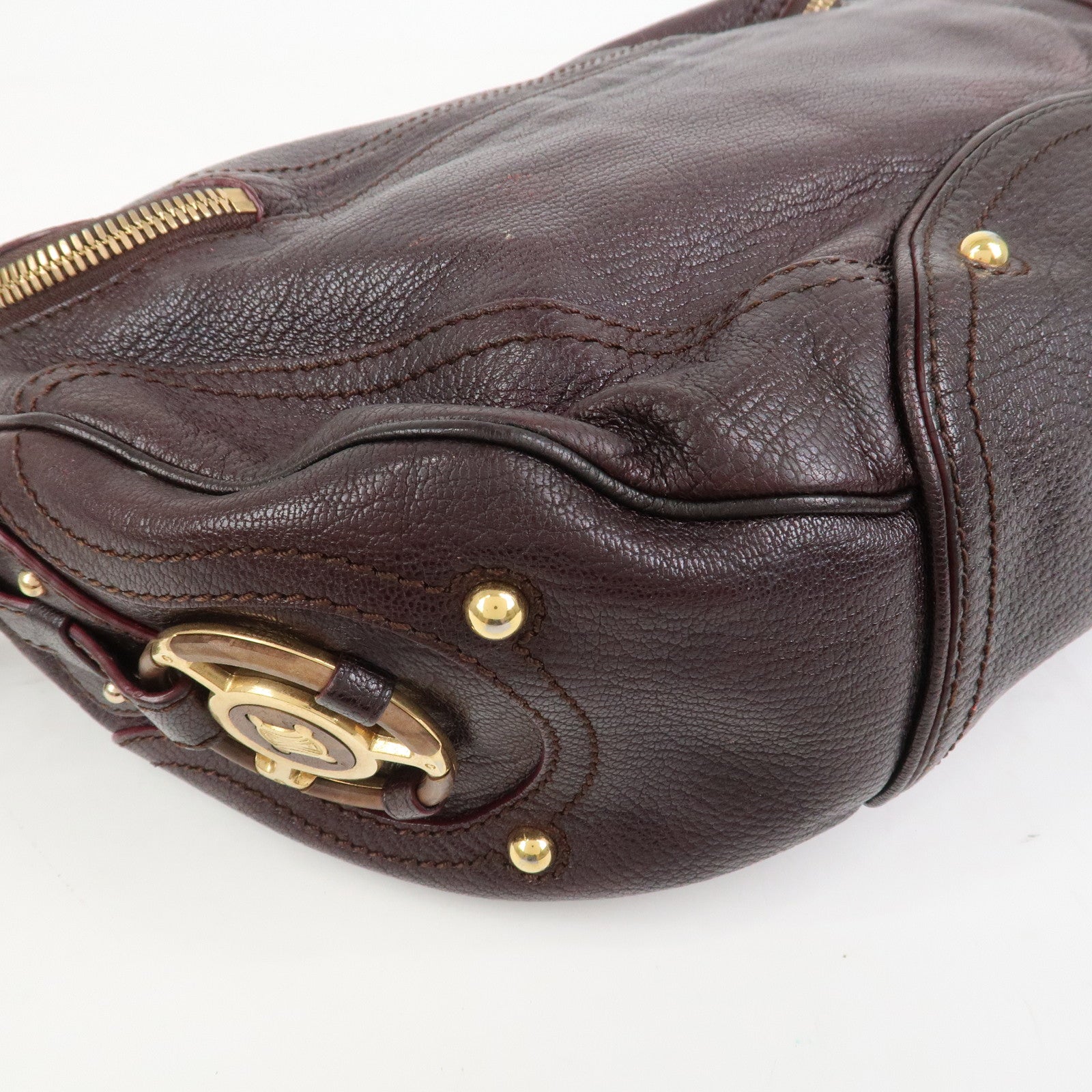 CELINE Macadam Leather Wood Shoulder Bag Hand Bag Brown