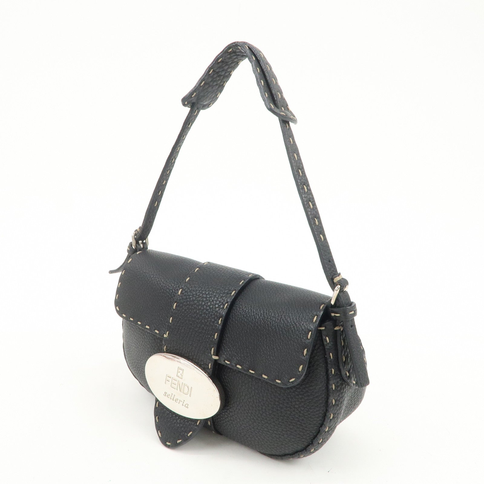 FENDI Seleria Leather Hand Bag Shoulder Bag Black 8BR430