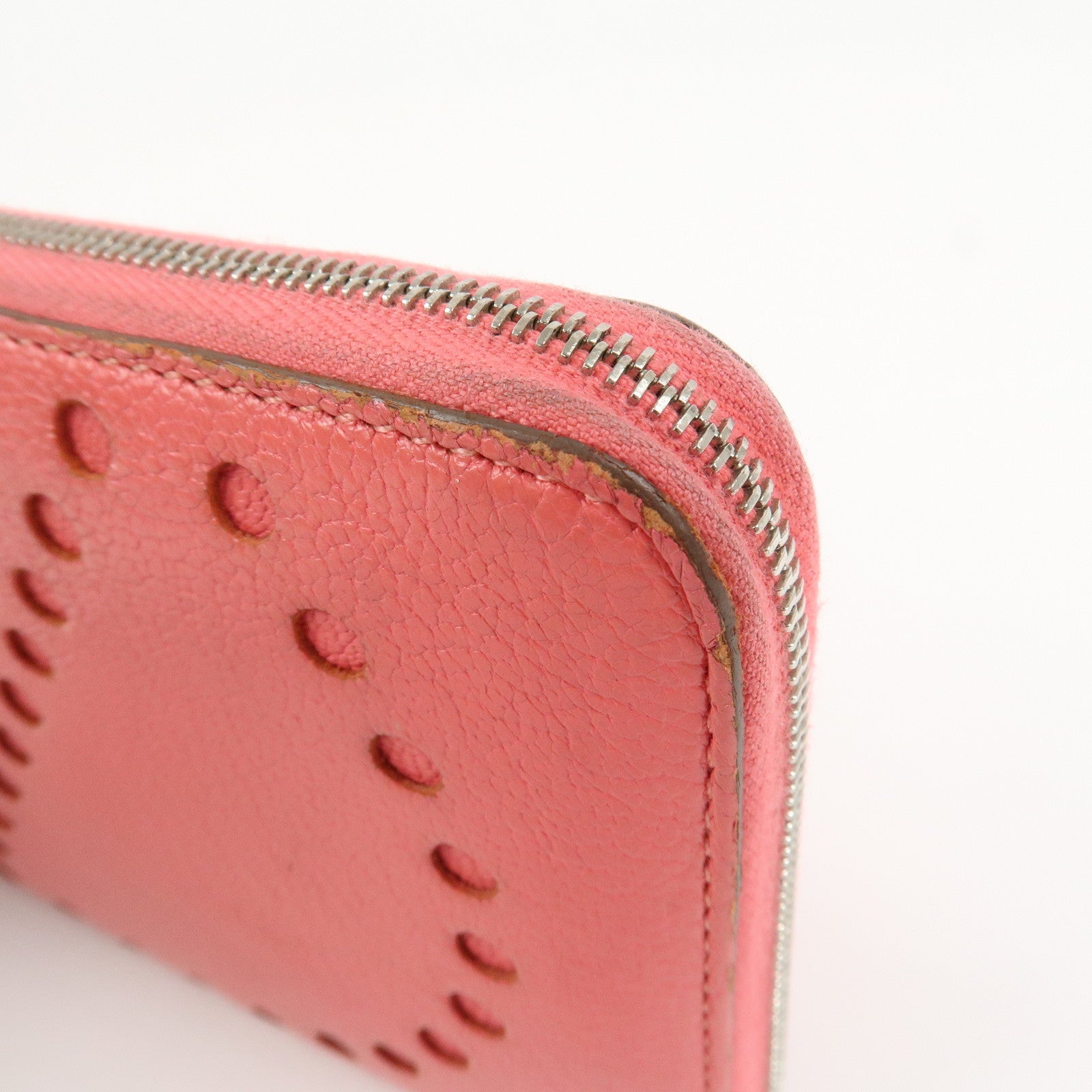HERMES Evelyne Azap Leather 笆｡P Stamped Round Zippy Long Wallet Pink
