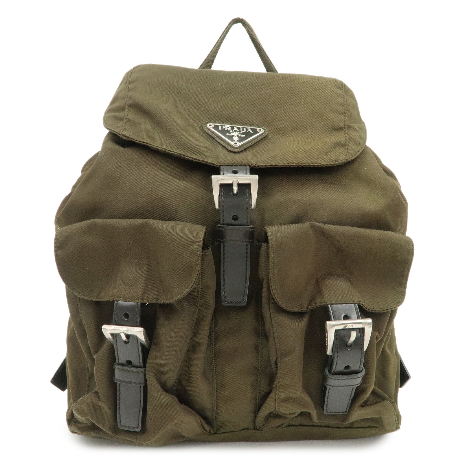 PRADA Triangle Logo Nylon Leather Backpack Ruck Sack Khaki B6677 Used