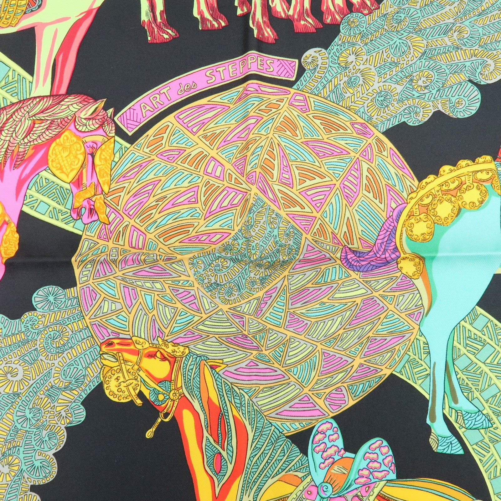HERMES Carre 90 Silk 100% Scarf ART des STEPPES Horse Print Black