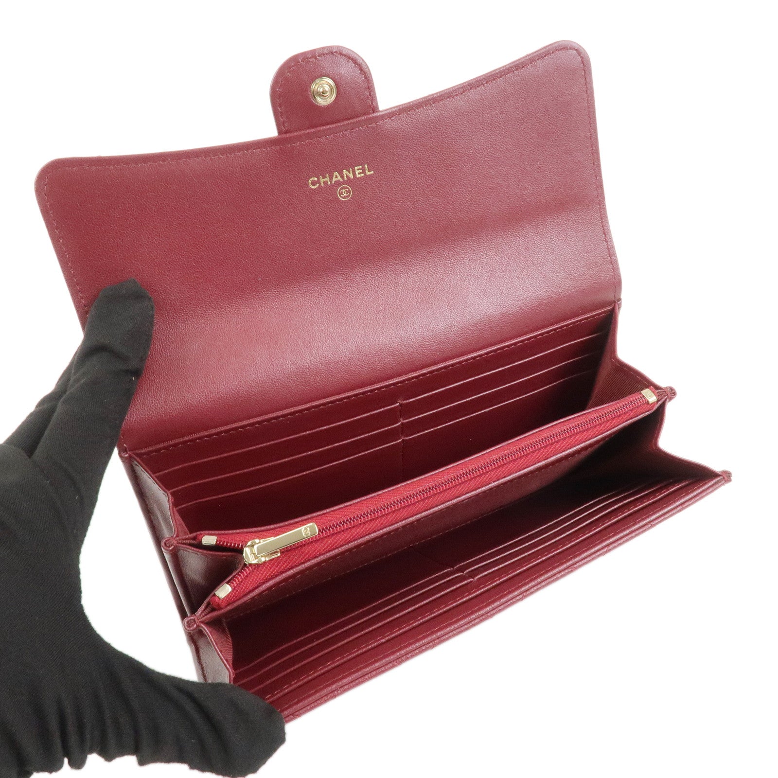 CHANEL Matelasse Lamb Skin Classic Long Flap Wallet Red AP0241