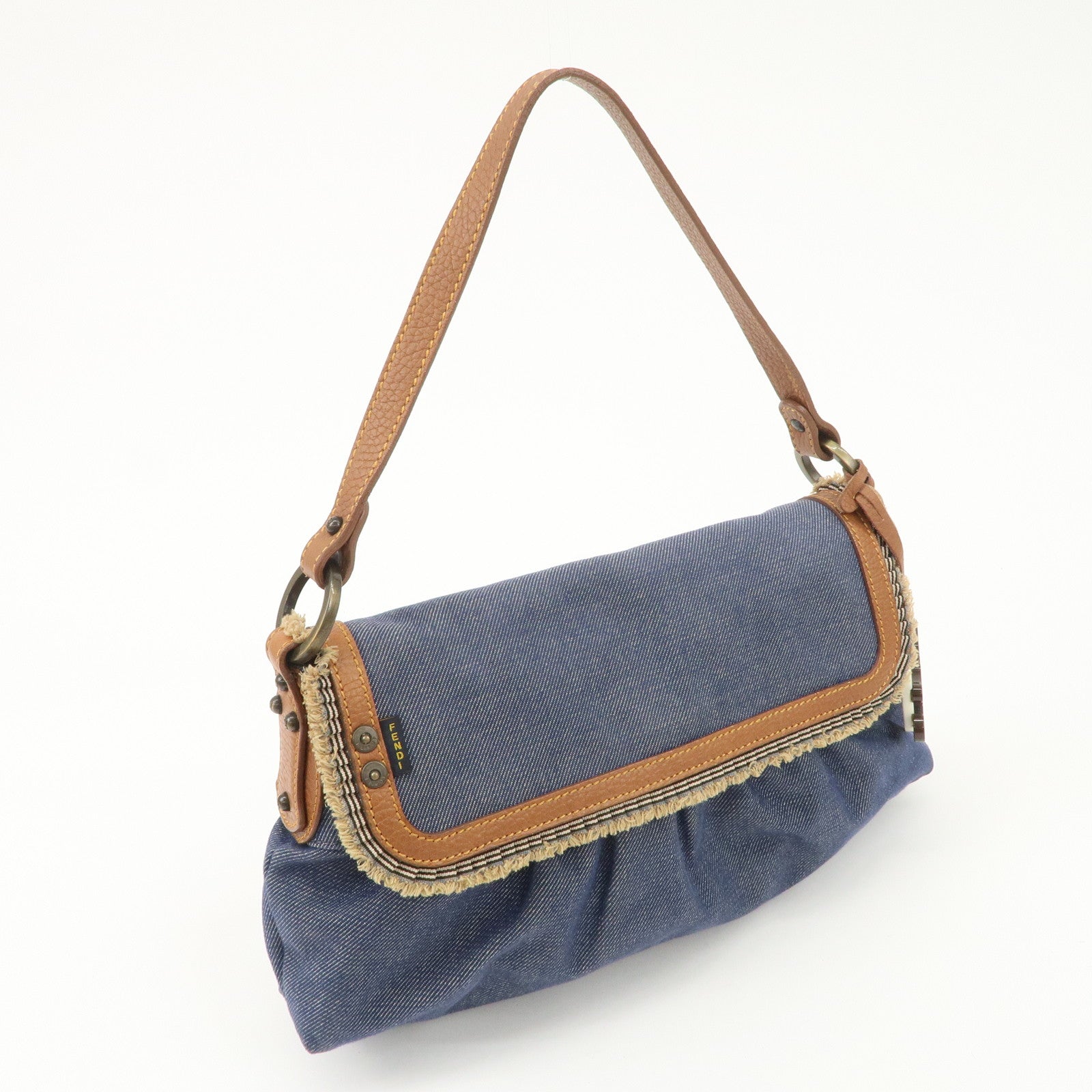 FENDI Denim Leather Shoulder Bag Hand Bag Indigo Brown 8BR445 Used