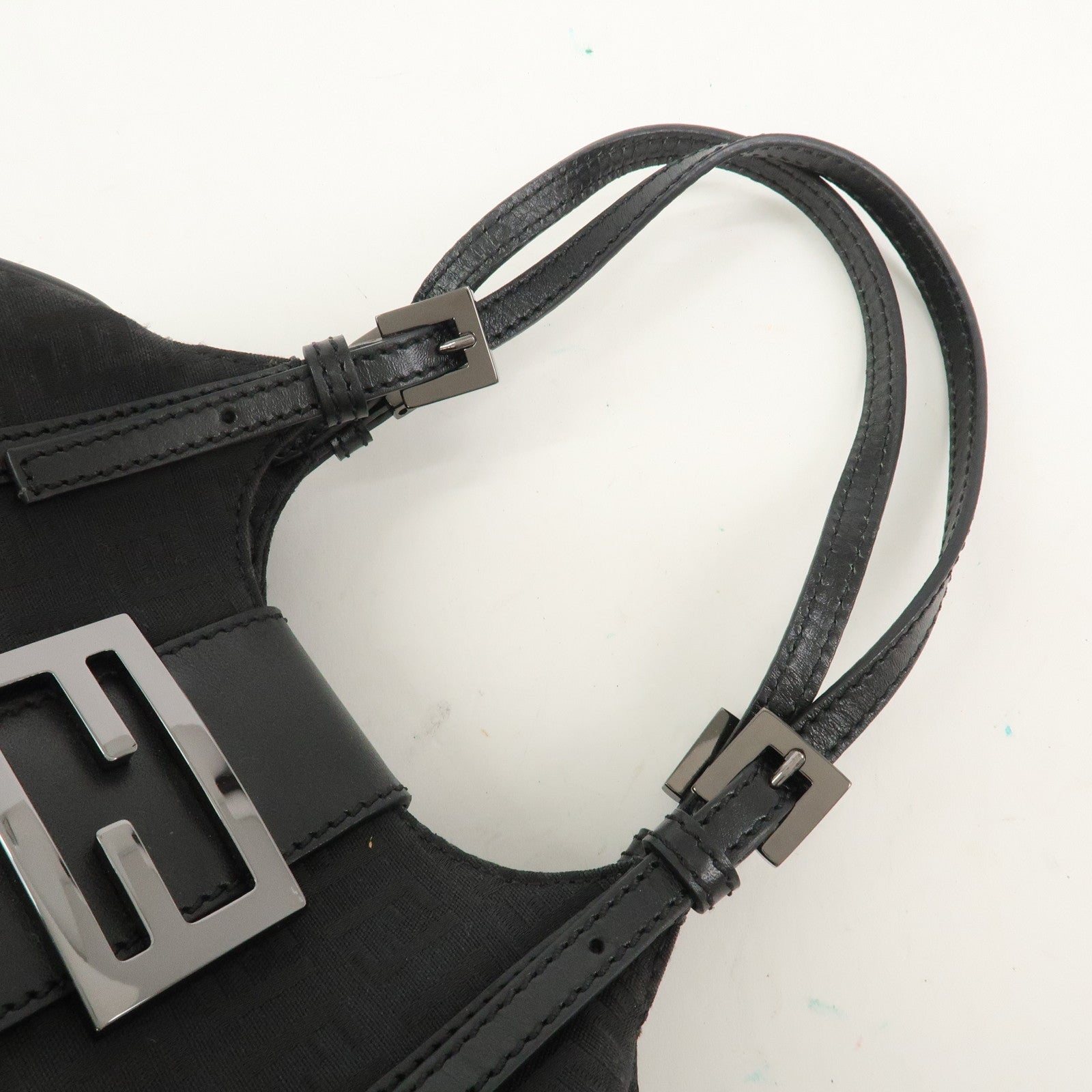 FENDI Zucchino Canvas Leather Hand Bag Shoulder Bag Black 8BR437