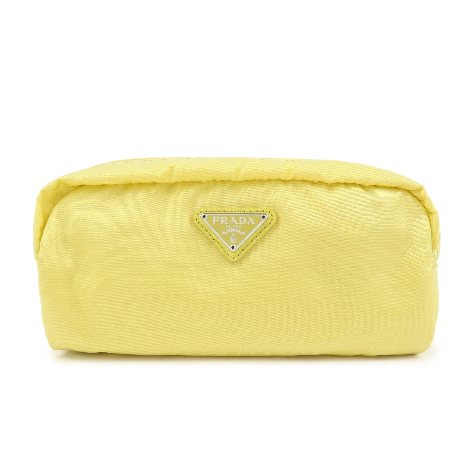 PRADA Triangle Logo Nylon Saffiano Leather Cosmetic Pouch Yellow