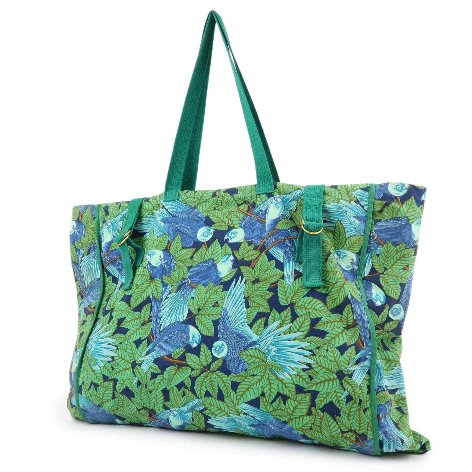 HERMES Canvas Large Beach Tote Bag Botanical Motif Blue Green
