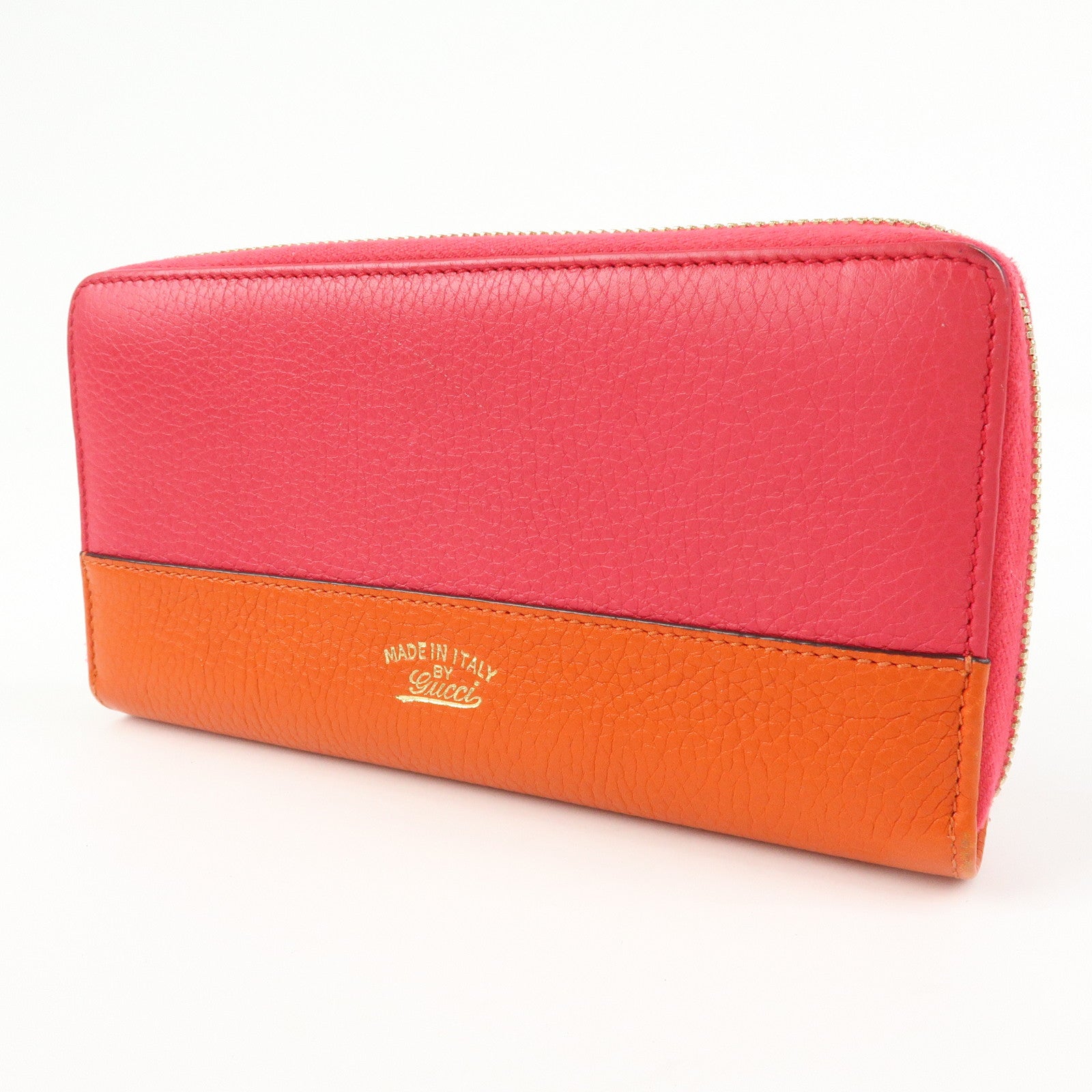 GUCCI Bamboo Leather Round Zippy Long Wallet Pink Orange 307984