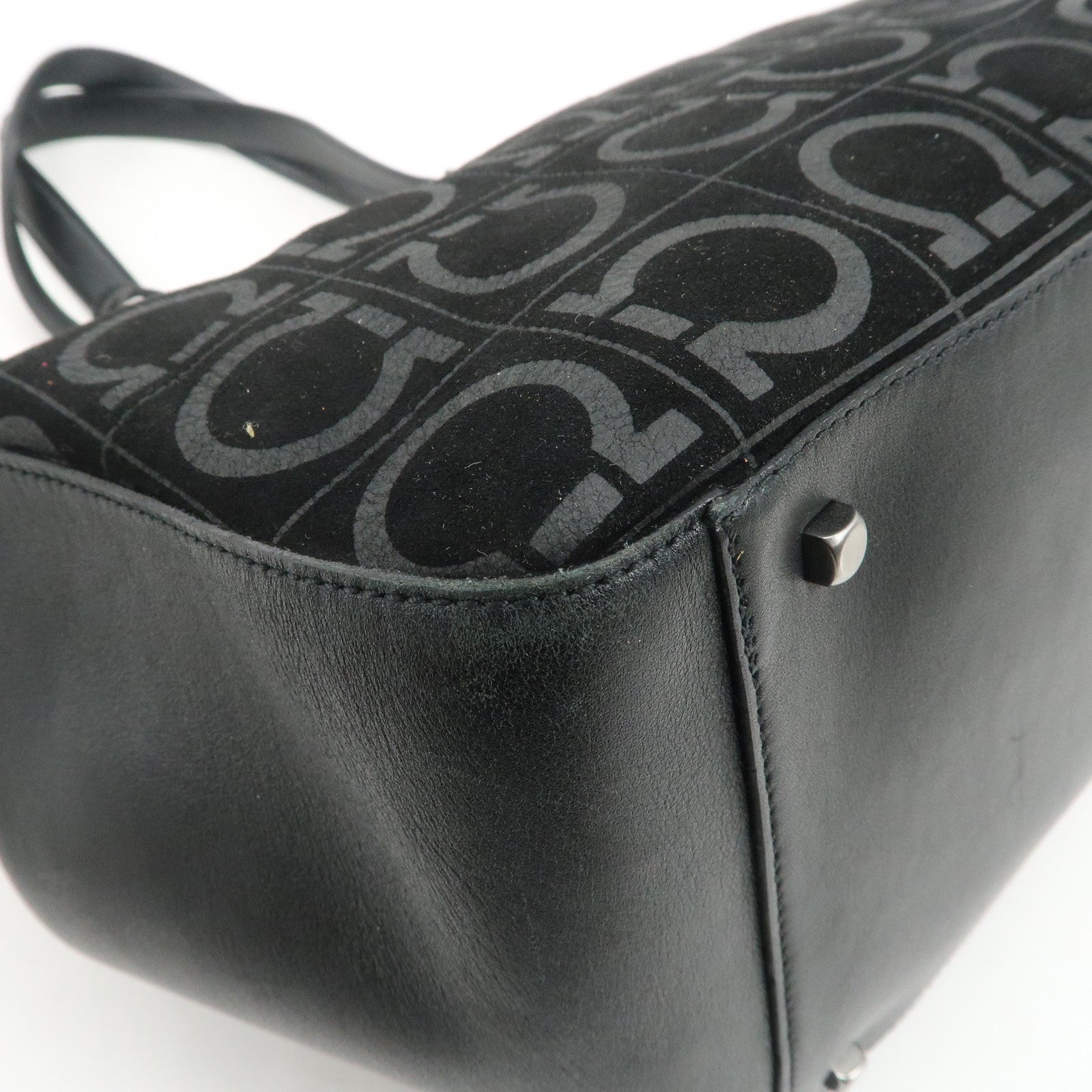 Ferragamo Gancini Leather Suede Shoulder Bag Hand Bag Black