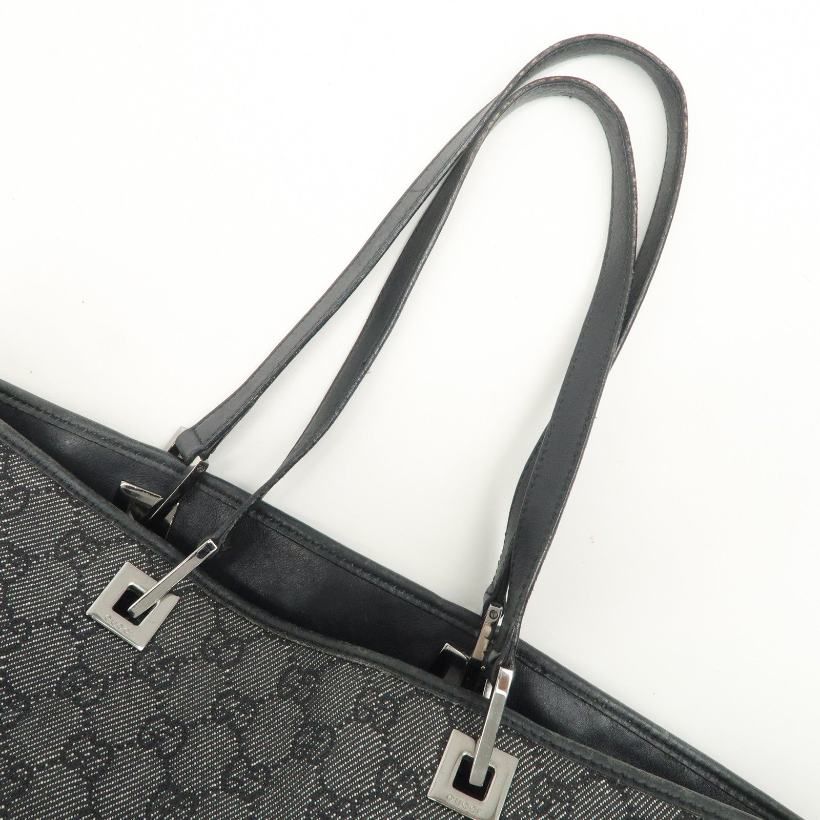 GUCCI GG Monogram Denim Leather Tote Bag Shoulder Bag Black 31243