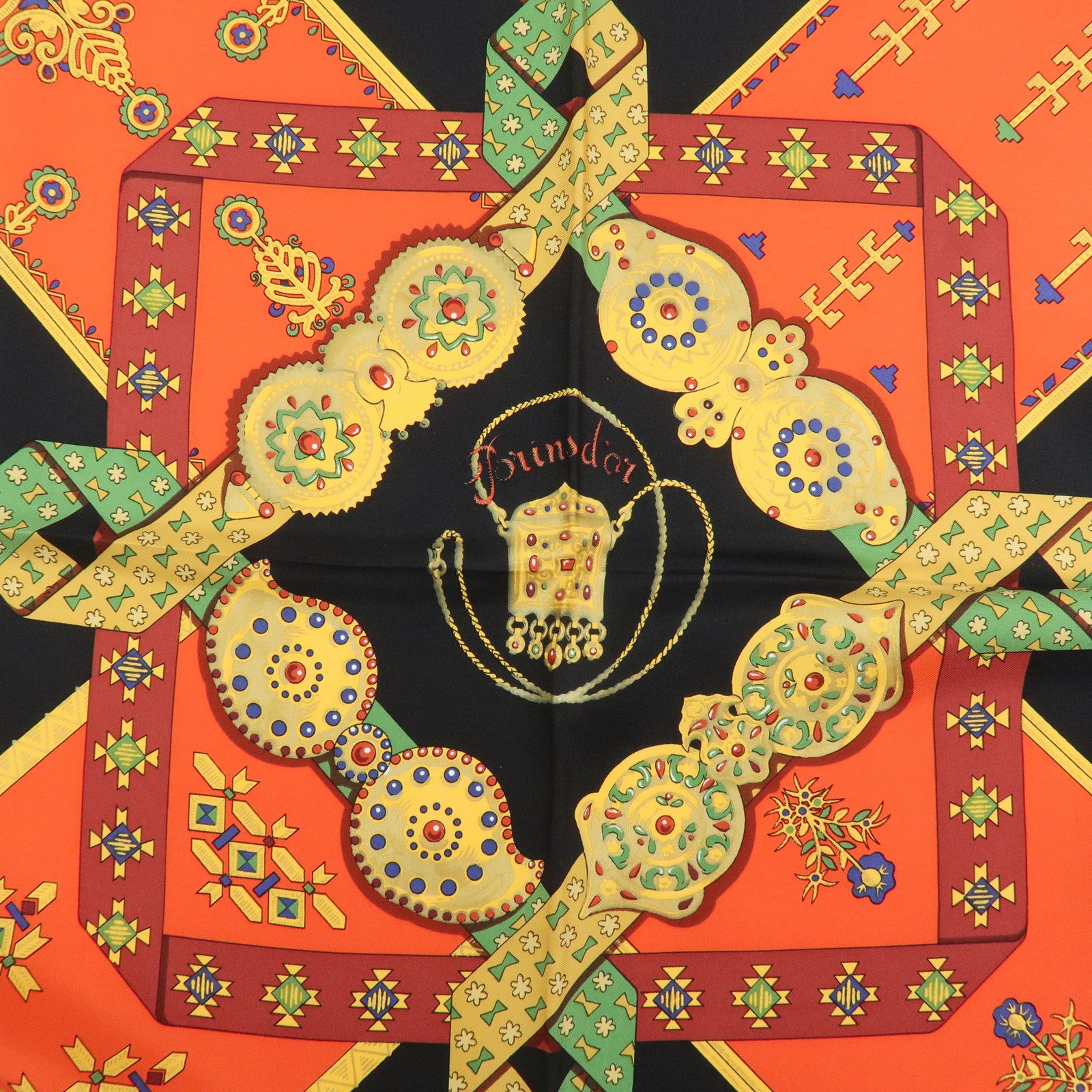 HERMES Carre 90 Silk 100% Scarf  Brins d'or Black Red