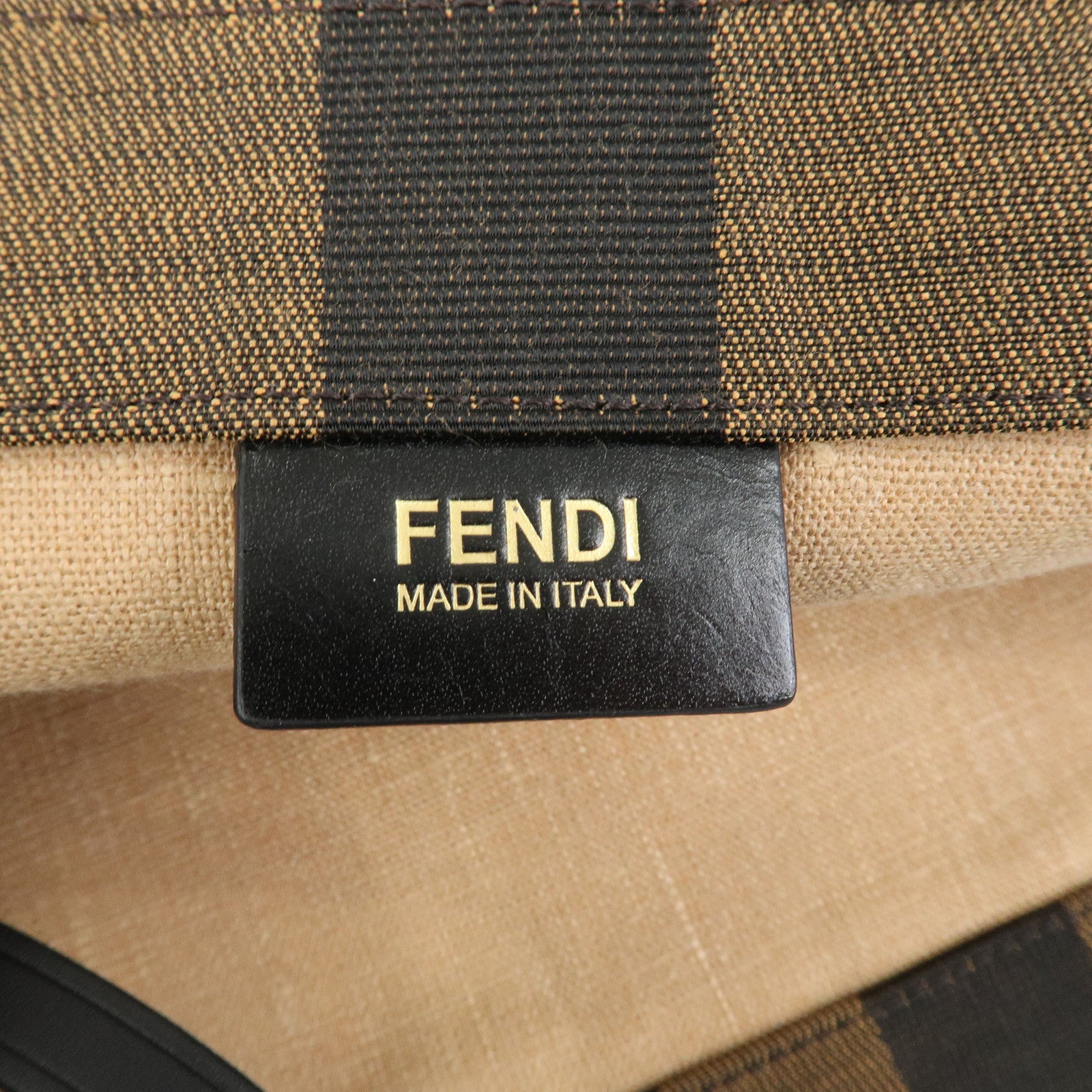 FENDI Pequin Canvas Leather Tote Bag Hand Bag Black Brown 8BH252