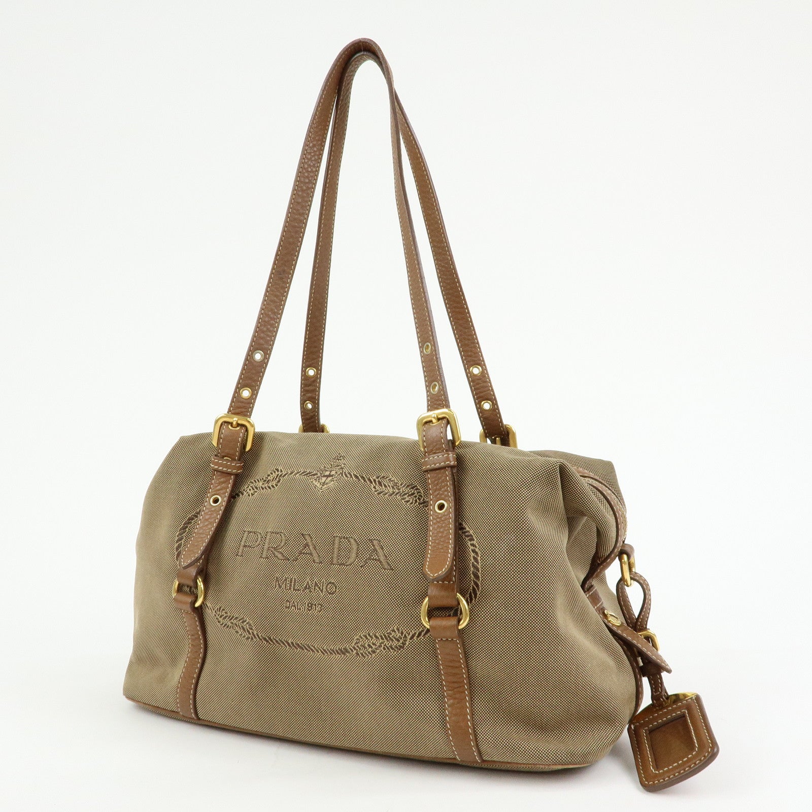 PRADA Logo Canvas Leather Boston Bag Hand Bag Beige Brown BL0600